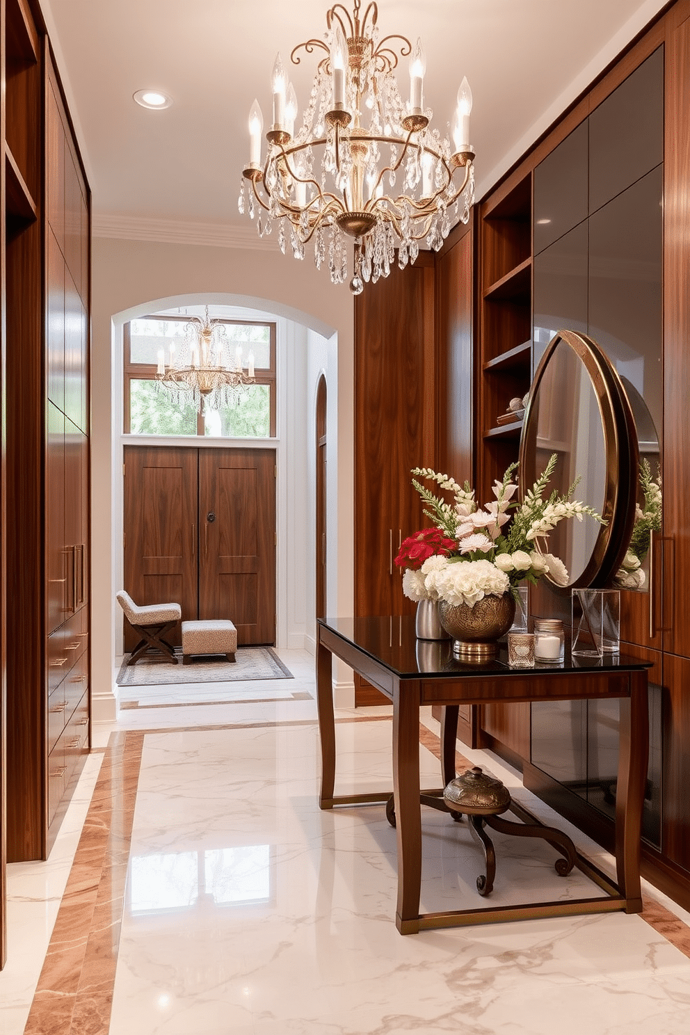 Custom built-in cabinetry for storage. The cabinetry features a mix of open shelves and closed compartments, crafted from rich walnut wood with sleek brass handles. Luxury foyer design ideas. The foyer boasts a grand chandelier, a marble floor with intricate inlays, and a statement console table adorned with fresh flowers and elegant decor pieces.