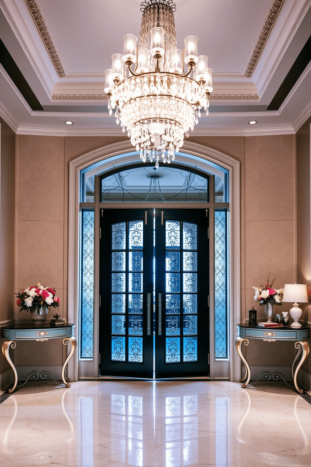 Glass double doors with decorative trim open into a grand foyer, featuring a stunning chandelier that cascades light down onto the polished marble floor. Flanking the entrance are elegant console tables adorned with fresh floral arrangements and decorative accents that invite guests into the luxurious space.