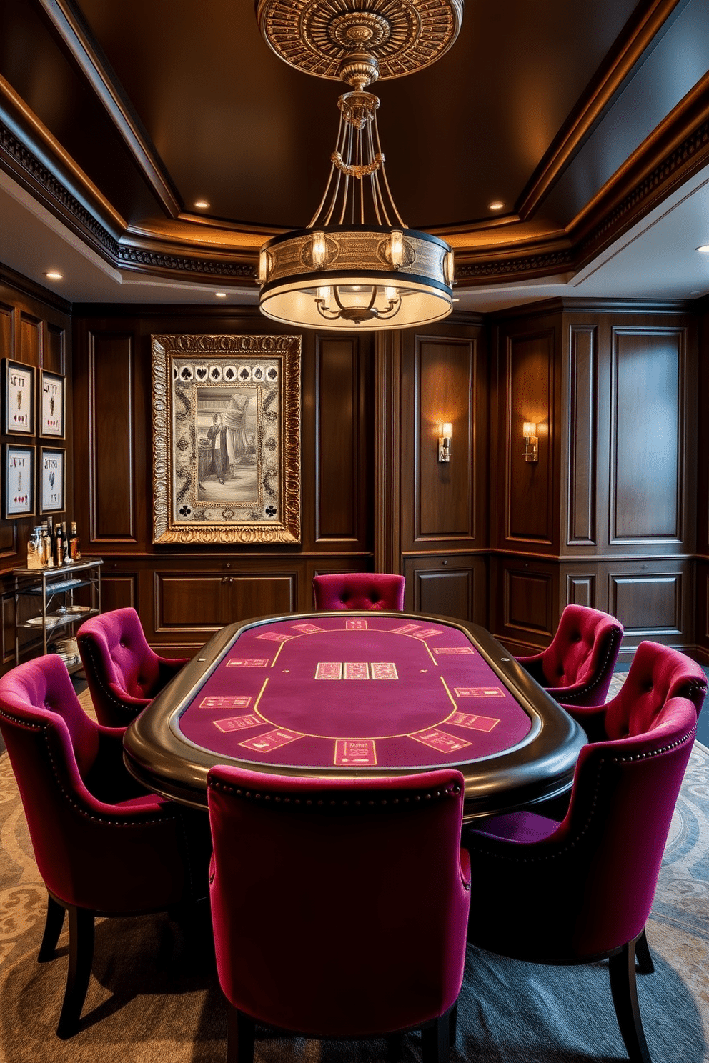 An elegant poker table is the centerpiece of this luxurious game room, surrounded by plush velvet chairs in deep burgundy. Custom pendant lighting hangs above, casting a warm glow that enhances the rich wood finishes and sophisticated decor. The walls are adorned with framed vintage playing cards and a large, ornate mirror, reflecting the ambiance of high-stakes gaming. A sleek bar cart stocked with premium spirits sits in one corner, inviting guests to indulge in a refined gaming experience.