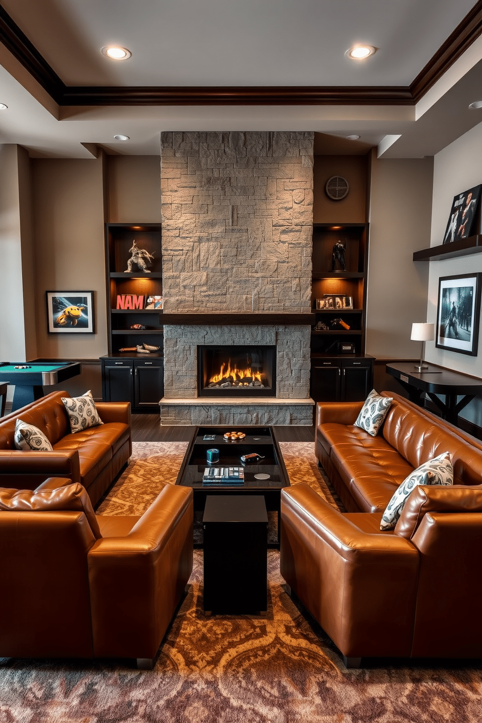 A luxurious game room featuring a cozy fireplace as the focal point. The space is adorned with plush seating arrangements, including a large sectional sofa in rich leather and oversized armchairs, all positioned around a modern coffee table. The fireplace is framed with sleek stone, providing warmth and ambiance. Walls are decorated with framed artwork and shelves displaying gaming memorabilia, while ambient lighting creates a welcoming atmosphere.