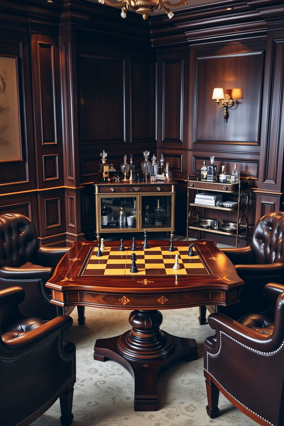 A classic chess table is positioned at the center of a luxurious game room, featuring a polished mahogany finish and intricate inlays. Surrounding the table are plush leather chairs with deep tufting, creating an inviting atmosphere for strategic play. The game room is adorned with rich, dark wood paneling and ambient lighting that highlights the elegant decor. A vintage bar cart in the corner complements the sophisticated vibe, stocked with crystal decanters and premium spirits.