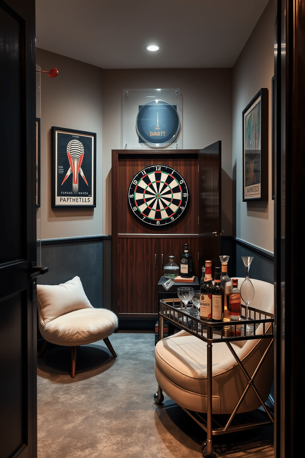 A stylish dartboard area featuring a sleek, dark wood dartboard cabinet that complements the surrounding decor. The walls are adorned with framed vintage dart-themed artwork, and a plush, contemporary lounge chair sits nearby for comfortable viewing. The flooring is a polished concrete, adding an industrial touch, while ambient lighting creates a warm and inviting atmosphere. A small bar cart with premium spirits and elegant glassware is positioned next to the dartboard, enhancing the luxury game room experience.