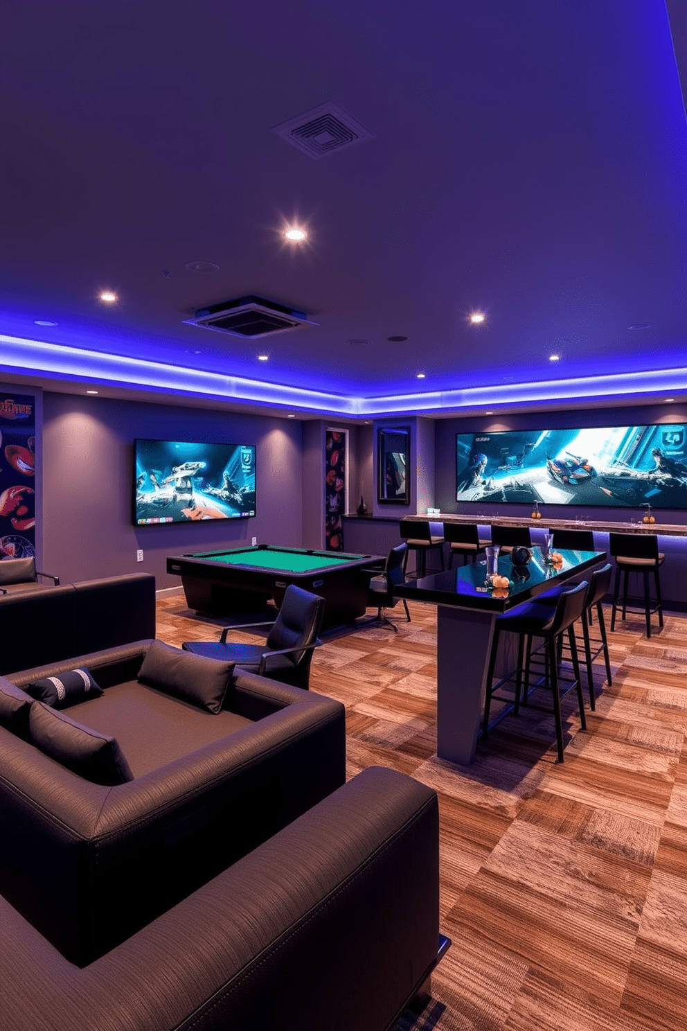 A luxury game room designed for versatility features ambient mood lighting that adjusts to different gaming experiences. The space includes plush seating arrangements and sleek, modern decor, creating an inviting atmosphere for both casual play and high-stakes competitions. Incorporate a state-of-the-art sound system and LED strip lights that can change colors to match the game being played. A stylish bar area with high-top stools complements the gaming zone, ensuring that entertainment flows seamlessly throughout the room.