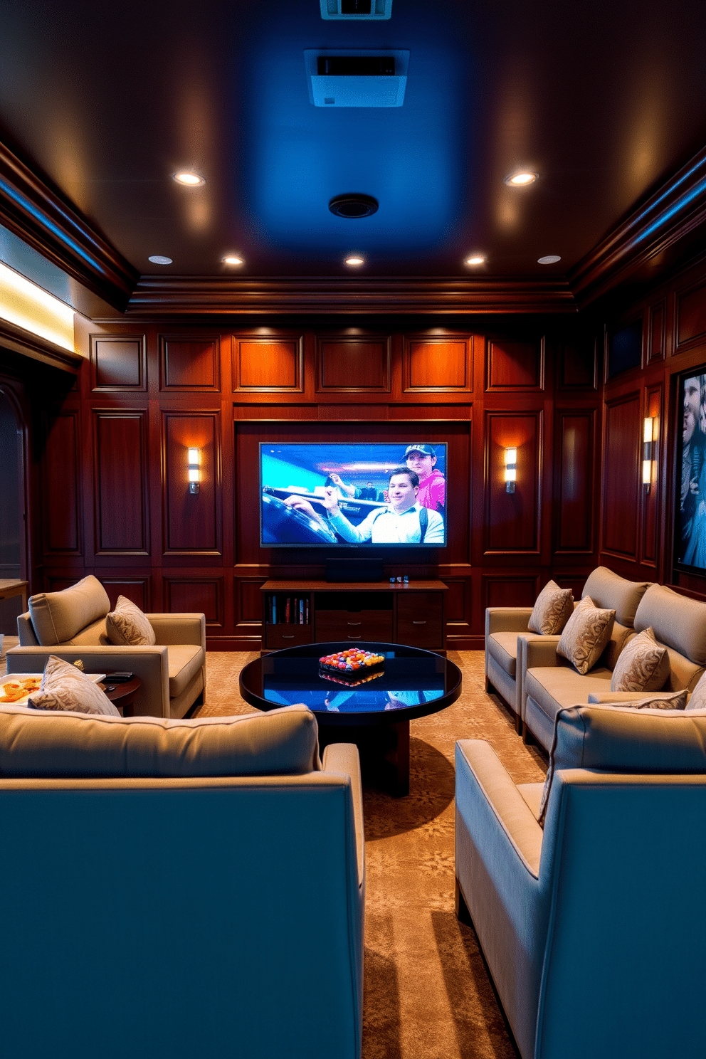 A luxurious game room featuring a wall-mounted TV as the focal point, surrounded by plush seating for ultimate comfort. The space is adorned with rich wood paneling and ambient lighting, creating an inviting atmosphere for entertaining guests.