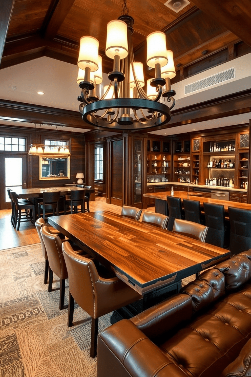 A luxury game room features rustic wood accents that create a warm and inviting atmosphere. The space includes a large, reclaimed wood dining table surrounded by plush leather chairs, complemented by a statement chandelier made of wrought iron and reclaimed wood. The walls are adorned with rich, dark wood paneling, enhancing the cozy feel of the room. A custom-built bar area showcases a polished wood countertop and shelves lined with premium spirits, while a plush sectional sofa invites relaxation and entertainment.