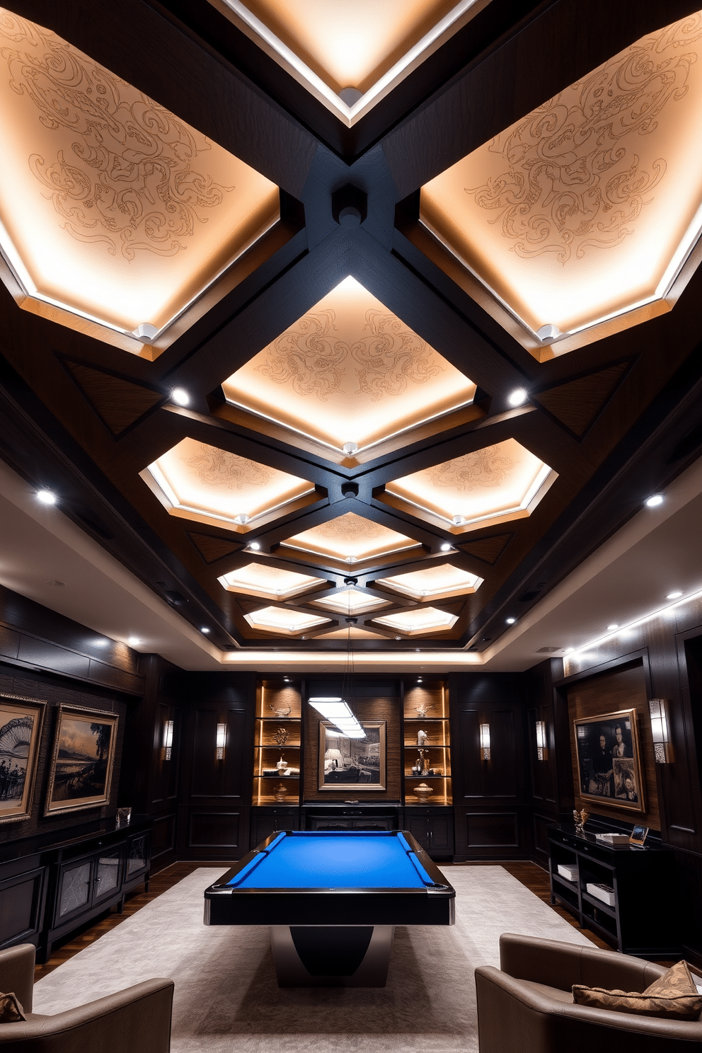 A unique ceiling design featuring intricate geometric patterns, illuminated by soft recessed lighting that creates a warm ambiance. The ceiling incorporates a combination of wood and plaster elements, enhancing the overall aesthetic of the space. A luxury game room designed for entertainment and relaxation, showcasing a sleek pool table at the center, surrounded by plush seating. The walls are adorned with rich, dark colors and framed artwork, while ambient lighting sets the mood for an inviting atmosphere.