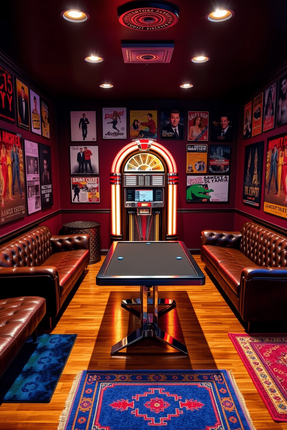 A vibrant game room featuring a vintage jukebox as a focal point. The walls are adorned with retro posters, and plush seating in rich leather surrounds a sleek gaming table. The floor is a polished hardwood, complemented by colorful area rugs that define the gaming zones. Ambient lighting highlights the jukebox, creating a nostalgic atmosphere perfect for entertaining guests.