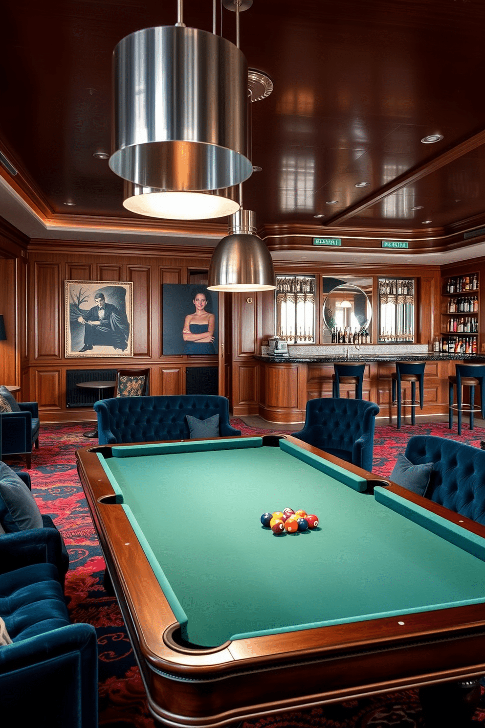 A vintage billiards table takes center stage in a luxurious game room, surrounded by plush velvet seating in deep jewel tones. Modern accents, such as sleek metallic light fixtures and contemporary artwork, add a stylish contrast to the classic elements. The walls are adorned with rich wood paneling, creating a warm and inviting atmosphere. A stylish bar area, complete with high stools and a selection of premium spirits, complements the sophisticated design.