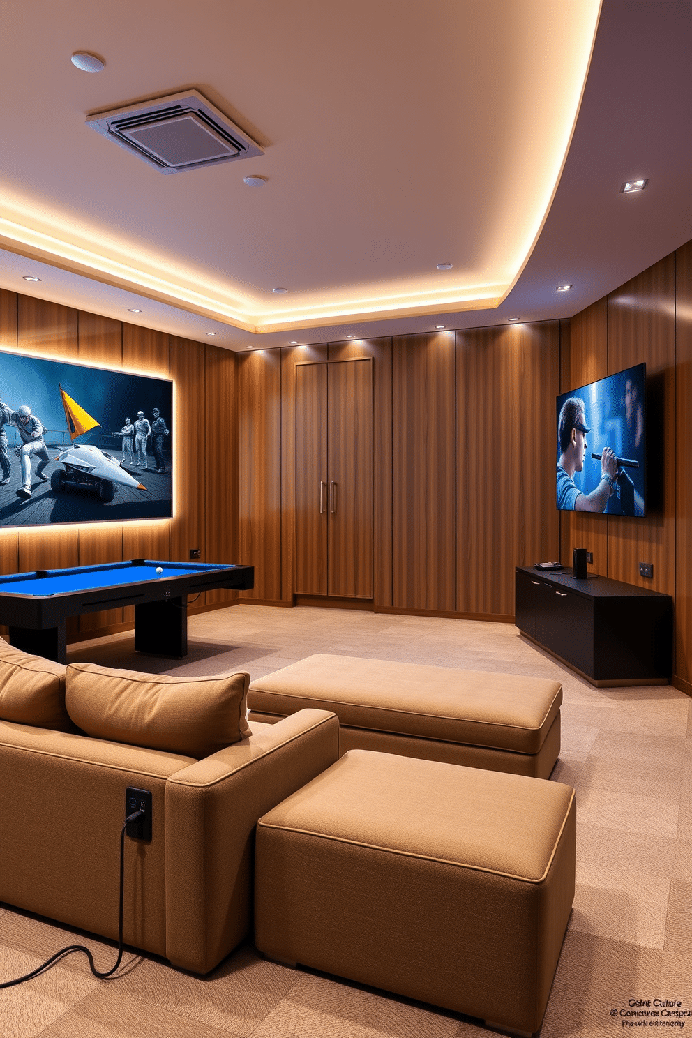 A modern luxury game room featuring smart home technology for convenience. The space includes a plush sectional sofa with integrated charging ports, a large flat-screen TV mounted on the wall, and smart lighting that adjusts with voice commands. The game room is equipped with a sleek pool table and a high-tech gaming console setup. Rich wood paneling and ambient LED lights create a warm, inviting atmosphere for entertaining guests and enjoying leisure time.