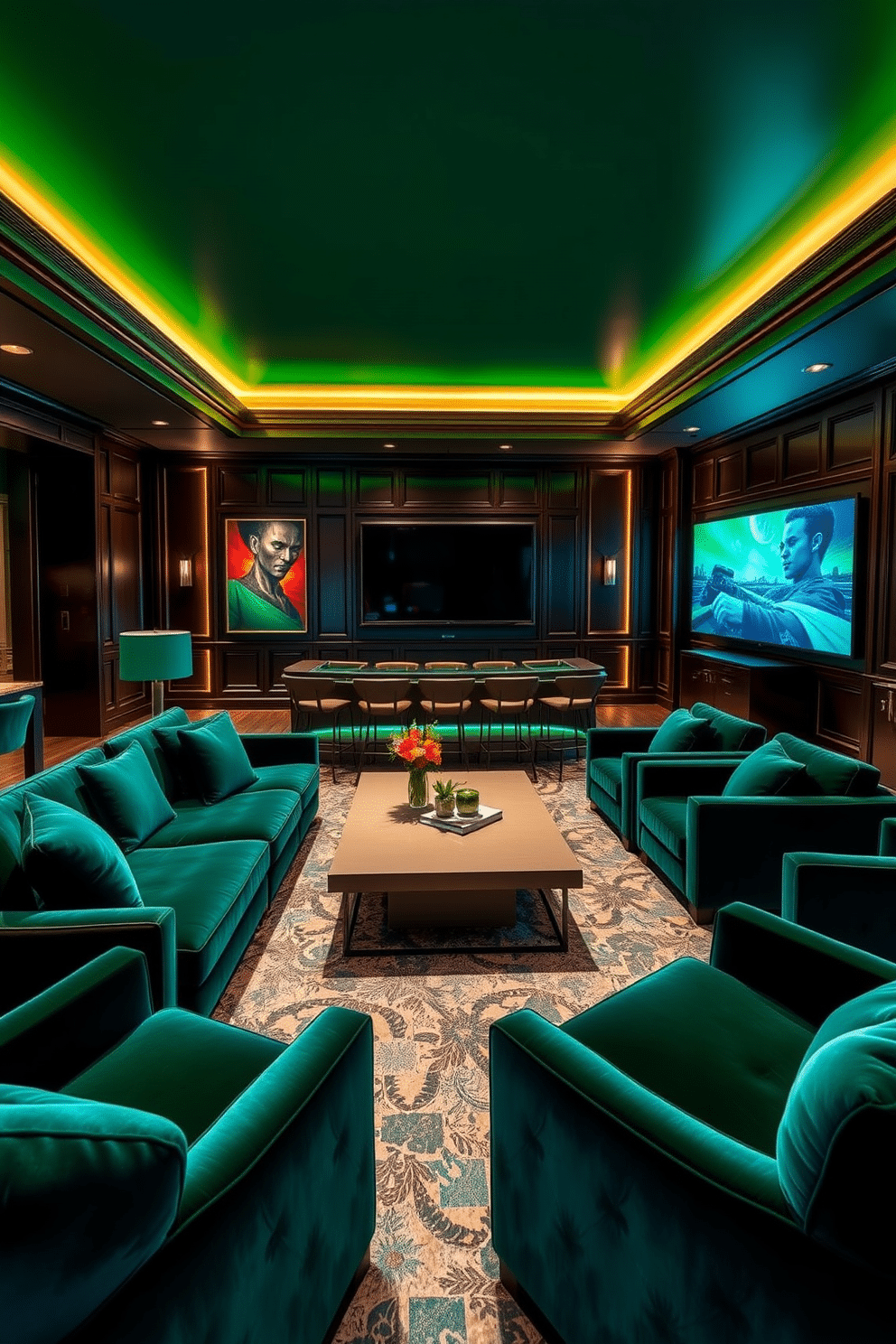 A luxury game room featuring deep jewel tones like emerald green and sapphire blue, creating a rich and inviting atmosphere. Plush velvet sofas and oversized armchairs are arranged around a sleek, modern coffee table, with ambient lighting that highlights the vibrant colors. The walls are adorned with bold artwork and dark wood paneling, enhancing the dramatic effect. A state-of-the-art gaming console and a large screen are set against one wall, while a stylish wet bar adds an element of sophistication to the space.