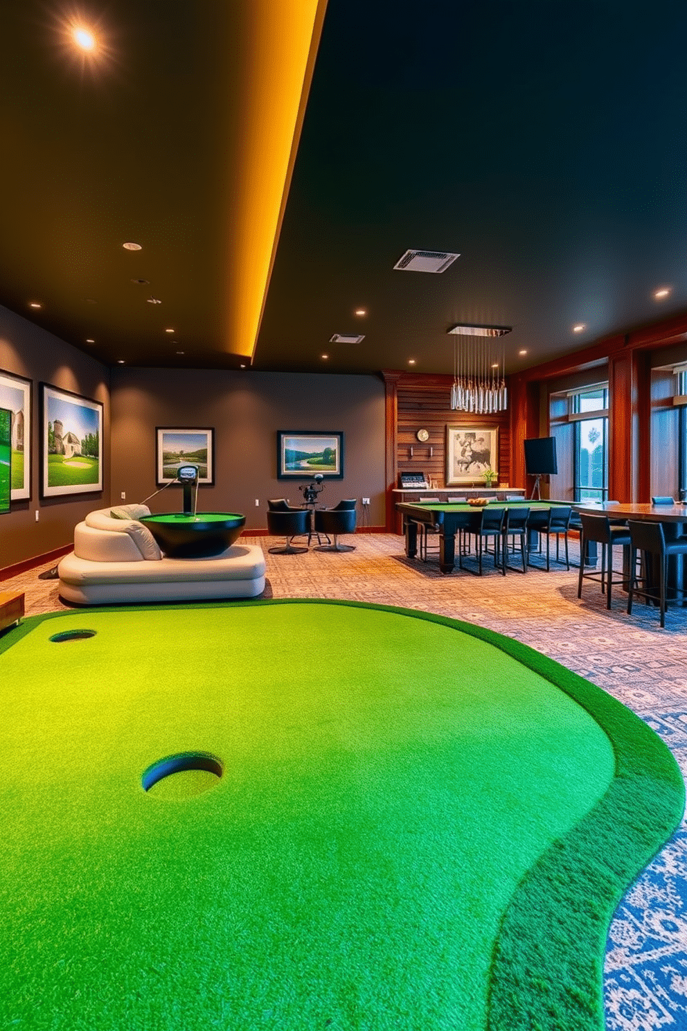 A stylish indoor putting green designed for golf enthusiasts features a lush, vibrant carpet mimicking natural grass, with strategically placed holes and a sleek, modern golf simulator nearby. The walls are adorned with framed photographs of famous golf courses, and ambient lighting creates a warm, inviting atmosphere. The luxury game room includes a plush sectional sofa arranged around a custom-built pool table, complemented by a bar area with high-top stools. Rich wooden accents and a state-of-the-art sound system enhance the entertainment experience, while large windows provide views of the outdoor landscape.