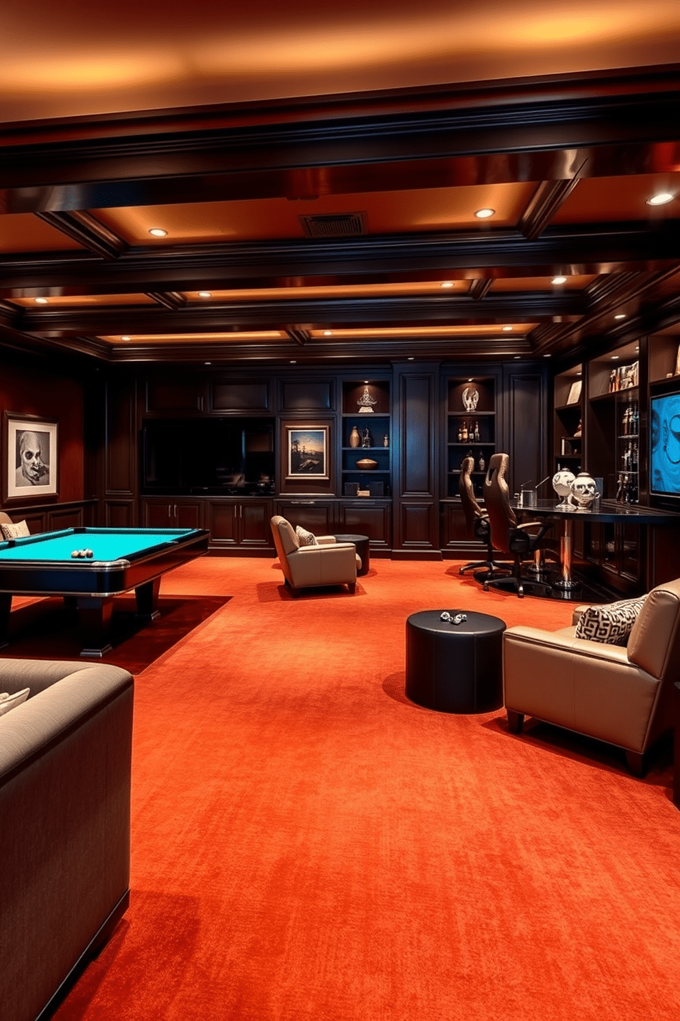 A luxurious game room features plush, sound-absorbing carpets in rich colors that enhance both comfort and style. The room includes a sleek pool table, surrounded by cozy seating options and ambient lighting that sets the perfect mood for entertainment. Incorporate a state-of-the-art gaming setup with large screens and comfortable gaming chairs, complemented by a stylish bar area stocked with premium beverages. Decorative elements, such as framed artwork and modern sculptures, add personality to this sophisticated space.