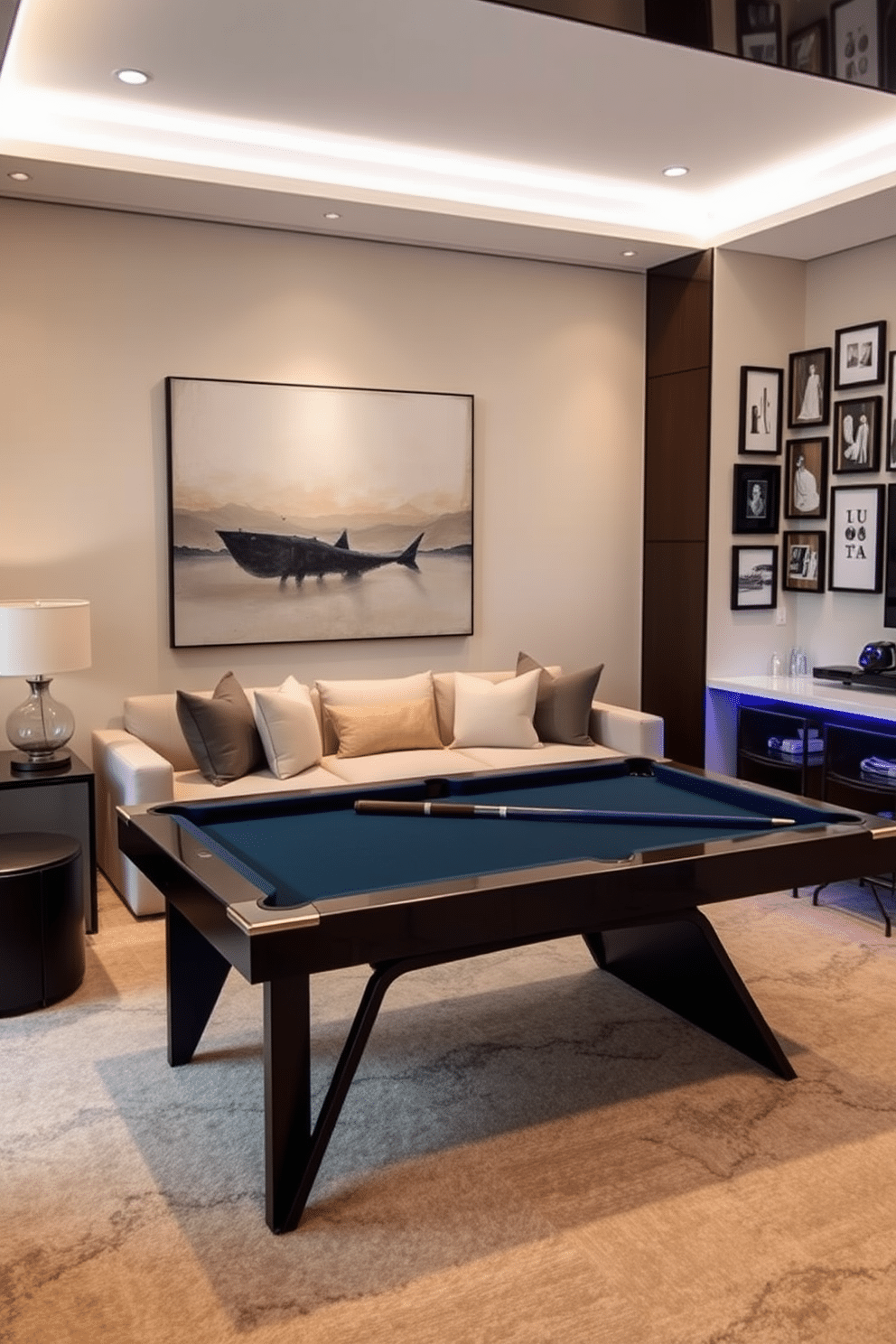 Elegant wall art to enhance aesthetics. A large abstract painting in soothing colors is mounted above a plush sofa, creating a focal point in the room. Complementing the artwork, smaller framed prints are arranged in a gallery style on the adjacent wall, adding depth and interest to the space. Luxury Game Room Design Ideas. A sleek pool table takes center stage, surrounded by comfortable seating and stylish bar stools. Soft LED lighting casts a warm glow, while custom cabinetry houses games and entertainment systems, creating an inviting atmosphere for relaxation and fun.