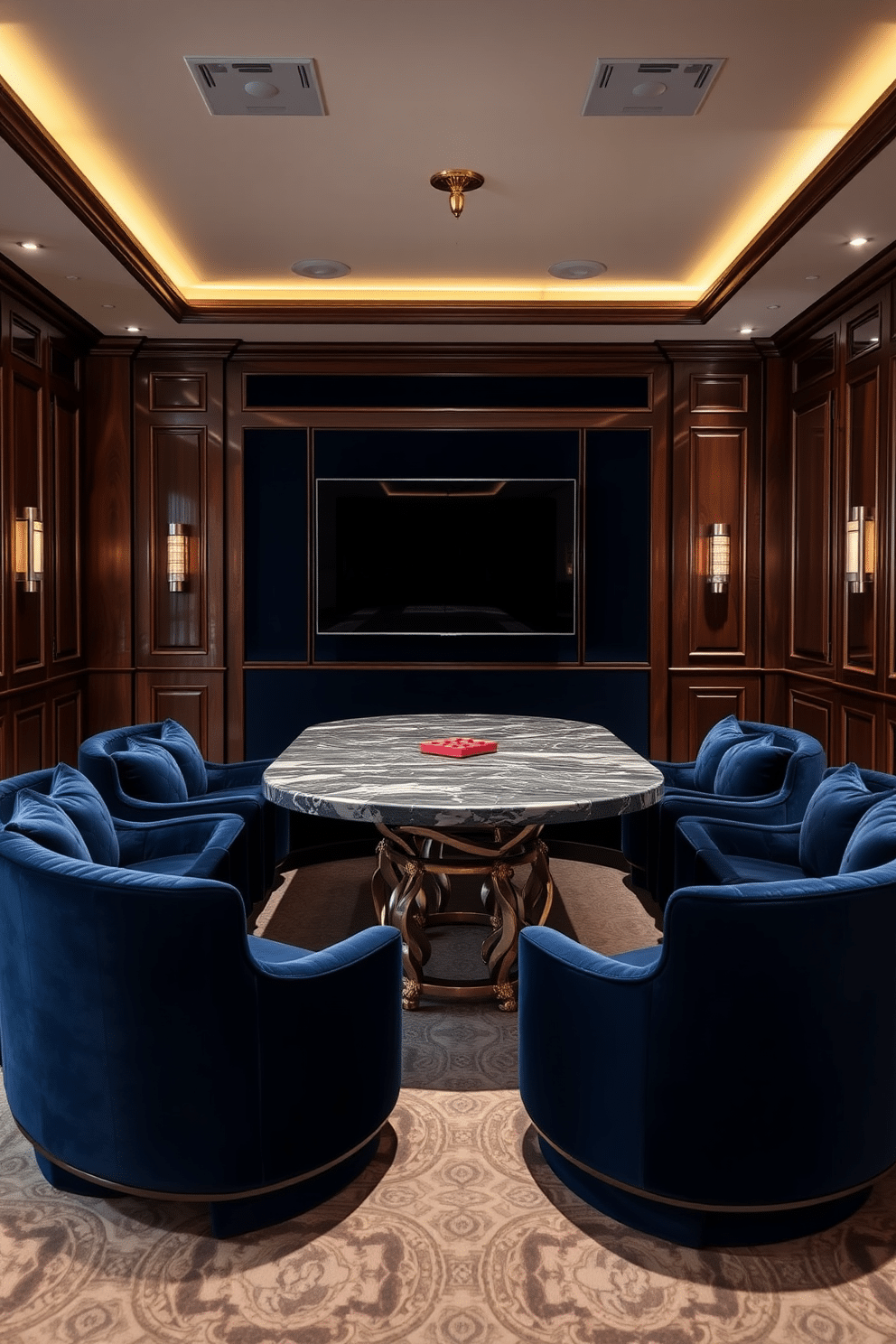 A luxurious game room featuring a stunning marble game table at the center, surrounded by plush velvet seating in deep navy. The walls are adorned with rich wood paneling, and ambient lighting casts a warm glow over the space, enhancing the sophisticated atmosphere.