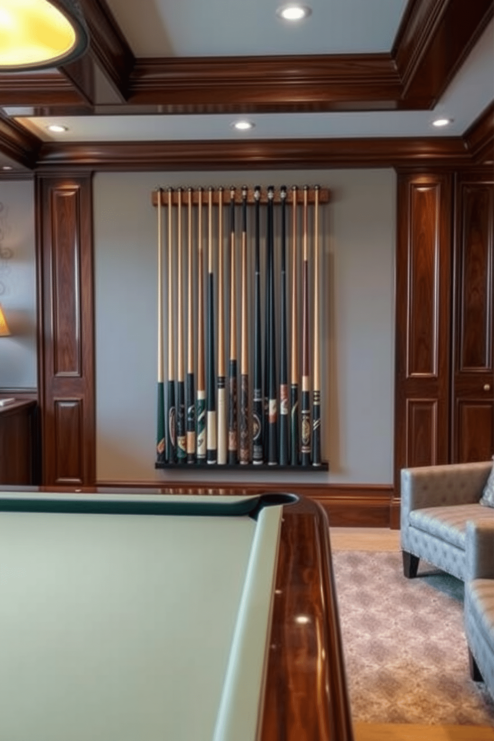 A luxury game room featuring a stylish display of high-quality pool cues arranged artistically on a custom wall-mounted rack. The room is adorned with rich wood paneling, plush seating, and ambient lighting that creates an inviting atmosphere for entertaining guests.