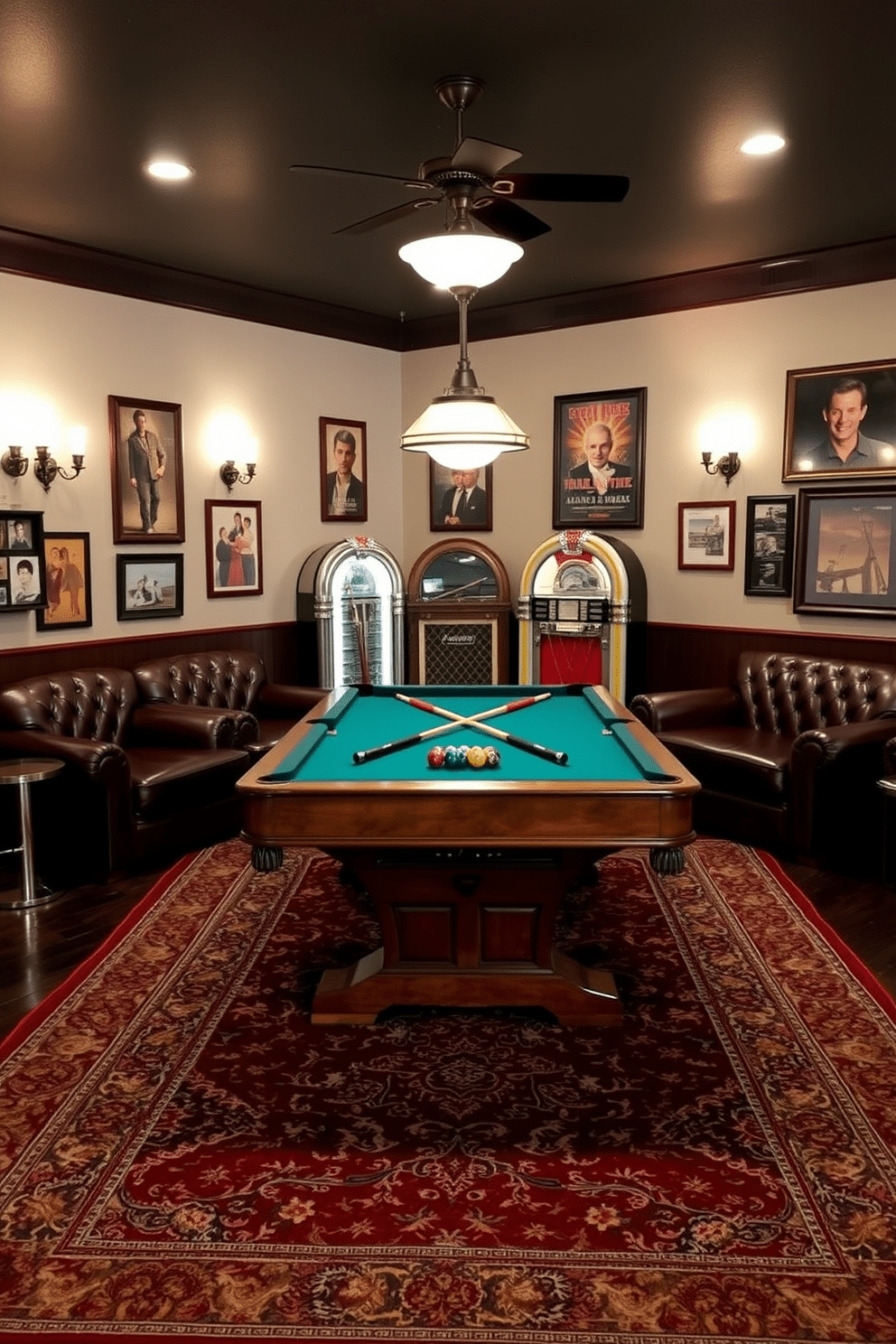 A themed game room with vintage decor features a classic wooden pool table at the center, surrounded by plush leather seating in deep burgundy. The walls are adorned with retro posters and framed memorabilia, while a vintage jukebox adds a nostalgic touch in one corner. Soft ambient lighting from antique-style sconces illuminates the space, creating a warm and inviting atmosphere. A rich, patterned rug anchors the room, complementing the dark hardwood floors and enhancing the overall vintage aesthetic.