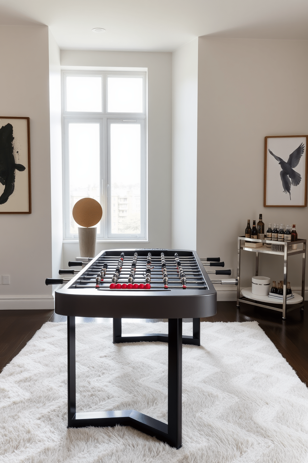 A sleek foosball table is positioned in a minimalist game room, surrounded by clean lines and neutral colors. The walls are adorned with abstract art, and a plush area rug anchors the space, adding warmth to the modern aesthetic. The room features a contemporary bar cart stocked with premium beverages, complementing the foosball table's elegant design. Large windows allow natural light to flood in, highlighting the room's sophisticated yet playful atmosphere.