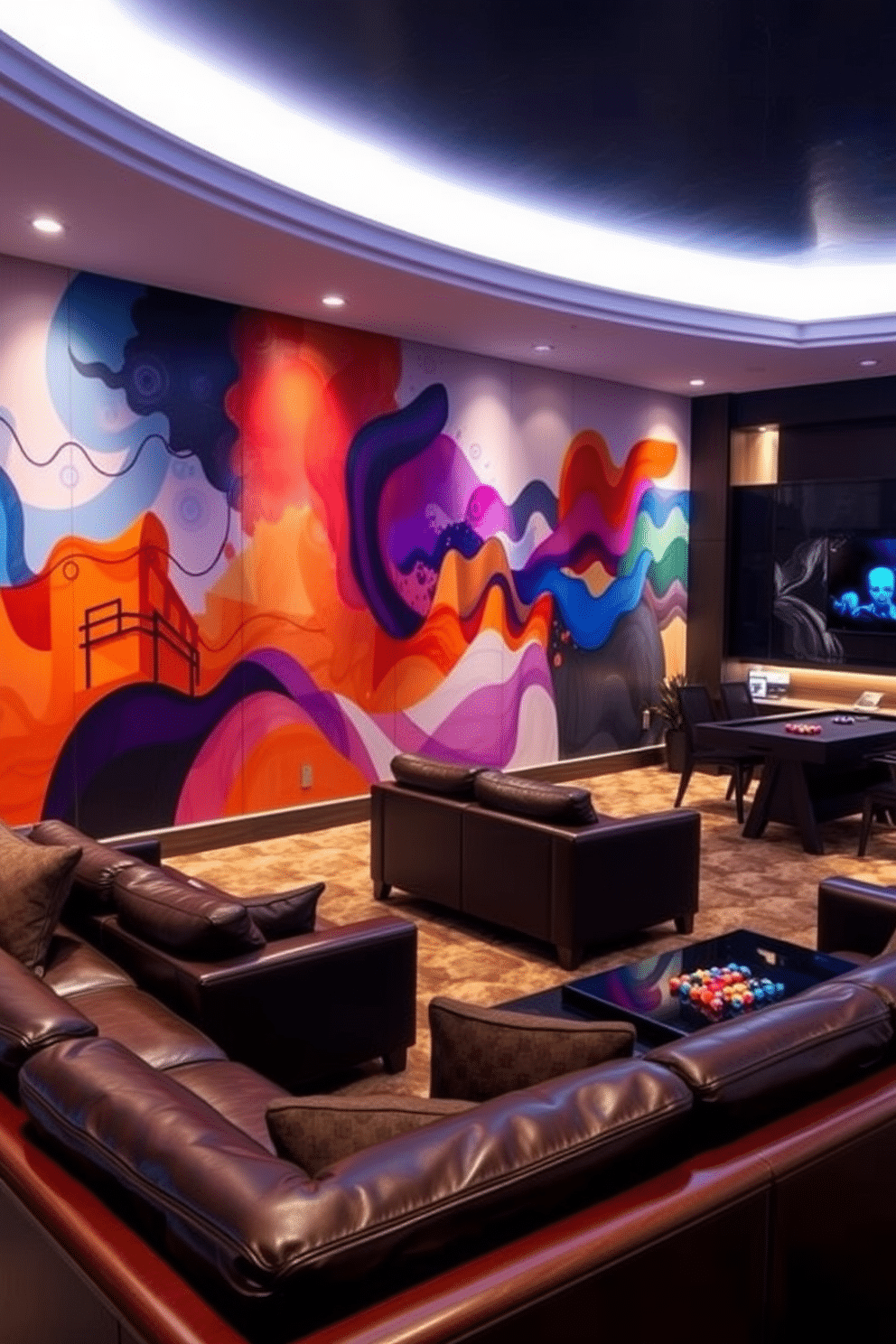 Artistic wall murals featuring vibrant colors and abstract designs create a unique ambiance in the living space. The murals blend seamlessly with contemporary furniture, enhancing the overall aesthetic and inviting creativity. Luxury game room design ideas include plush seating arrangements with leather sofas and a state-of-the-art entertainment system. The room is accented with ambient lighting and custom cabinetry for games, providing a sophisticated yet playful atmosphere.