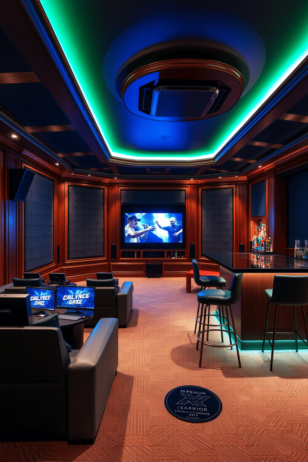 A luxury game room featuring an integrated sound system for an immersive experience. The space is designed with plush seating and sleek gaming consoles, creating an inviting atmosphere for entertainment. Rich wood paneling adorns the walls, complemented by ambient lighting that enhances the gaming experience. A stylish bar area, complete with high-top stools and a selection of premium beverages, adds to the room's sophistication.