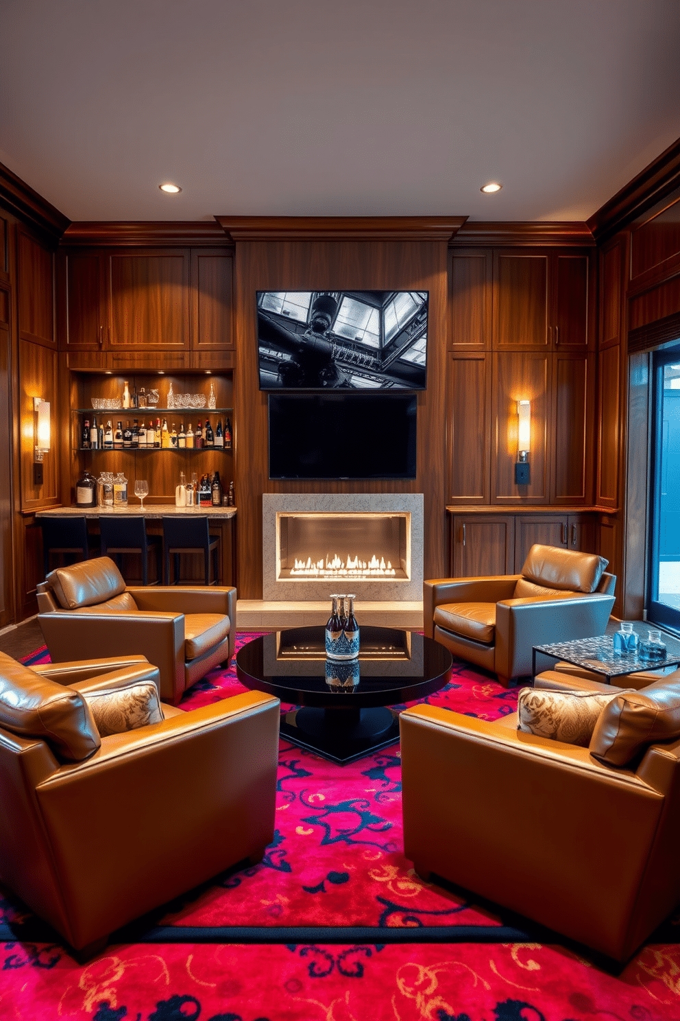 A luxurious game room featuring plush leather lounge chairs arranged around a sleek, modern coffee table. The walls are adorned with rich wood paneling, and a large flat-screen TV is mounted above a stylish fireplace, creating an inviting atmosphere for entertainment. In the corner, a custom-built bar with elegant shelving displays an array of premium spirits and glassware. Soft, ambient lighting enhances the space, while a vibrant area rug adds a pop of color, tying the room together seamlessly.