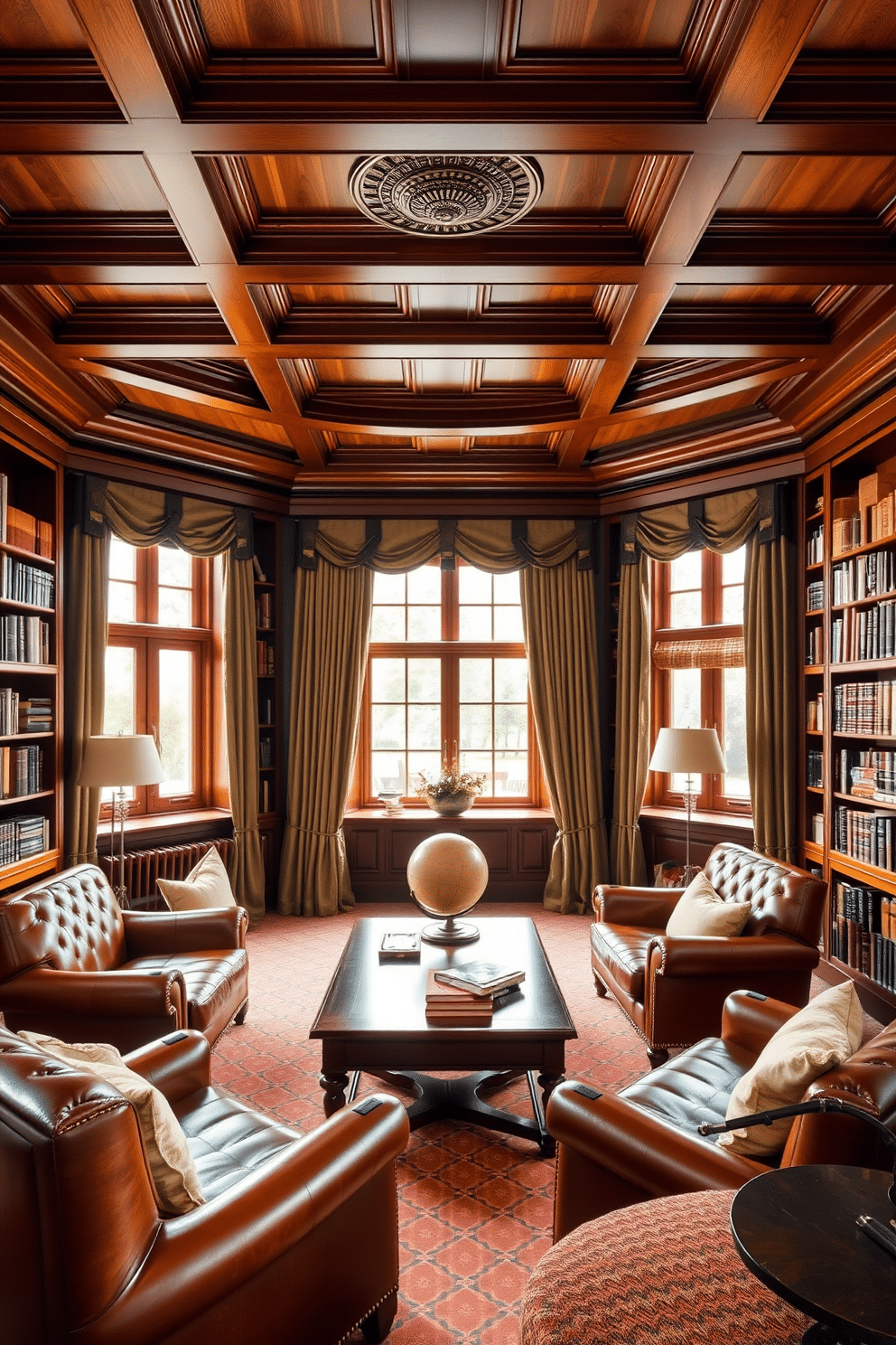 Elegant coffered ceiling with rich wood details creates an inviting ambiance in the library. Plush leather armchairs are arranged around a mahogany coffee table, surrounded by floor-to-ceiling bookshelves filled with an extensive collection of books. A large bay window allows natural light to flood the space, adorned with luxurious drapes that complement the wood tones. A vintage globe and a sleek reading lamp add character to the design, making it a perfect retreat for bibliophiles.