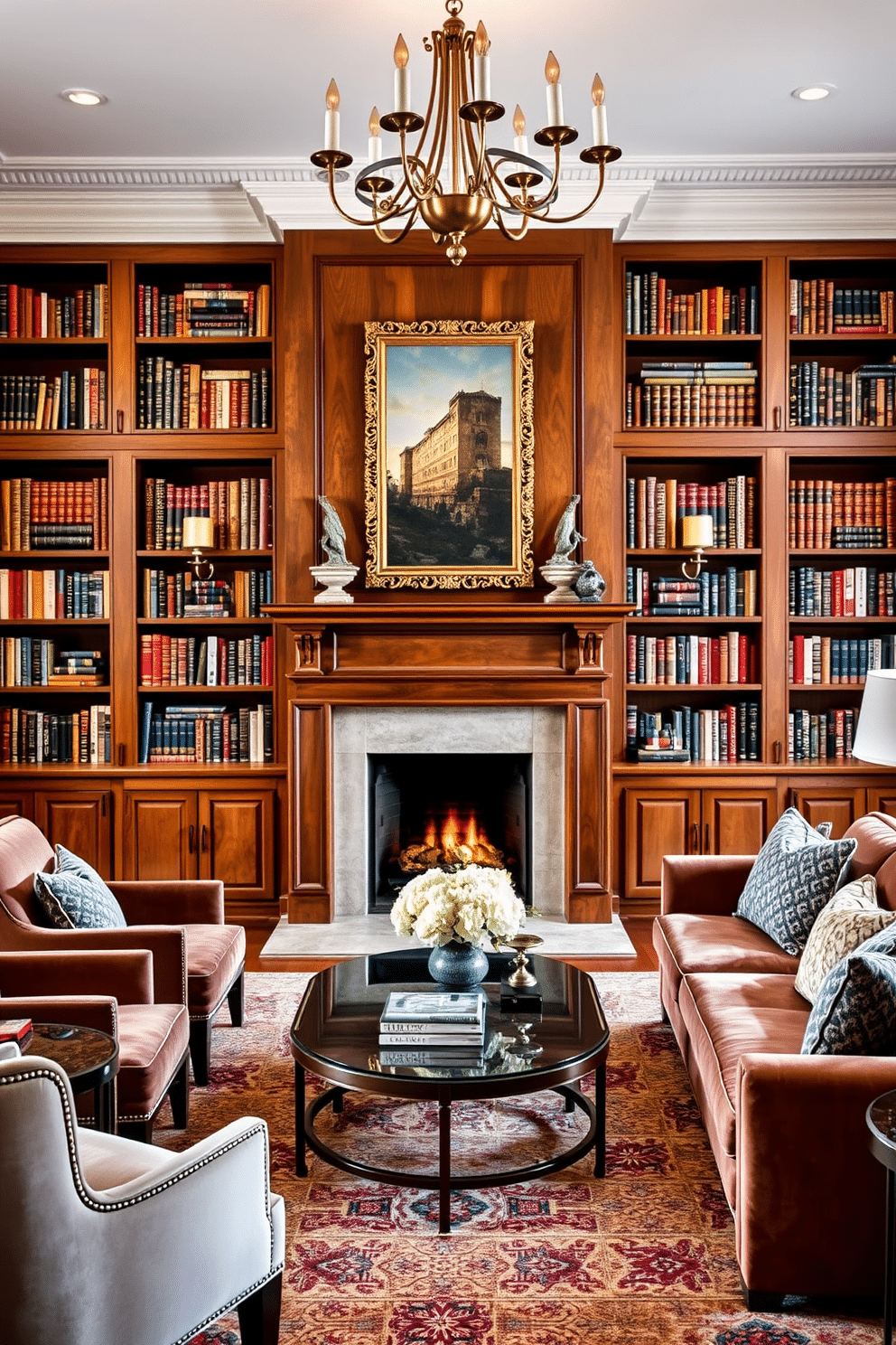 A cozy fireplace serves as the focal point of a luxurious home library, with a rich wooden mantel adorned with decorative accents. Flanking the fireplace are custom-built bookshelves filled with an extensive collection of books, creating an inviting atmosphere for reading and relaxation. Plush armchairs and a velvet sofa are arranged around a stylish coffee table, inviting guests to unwind in comfort. Soft lighting from elegant sconces and a statement chandelier enhances the warm ambiance, making this space perfect for quiet evenings or entertaining friends.