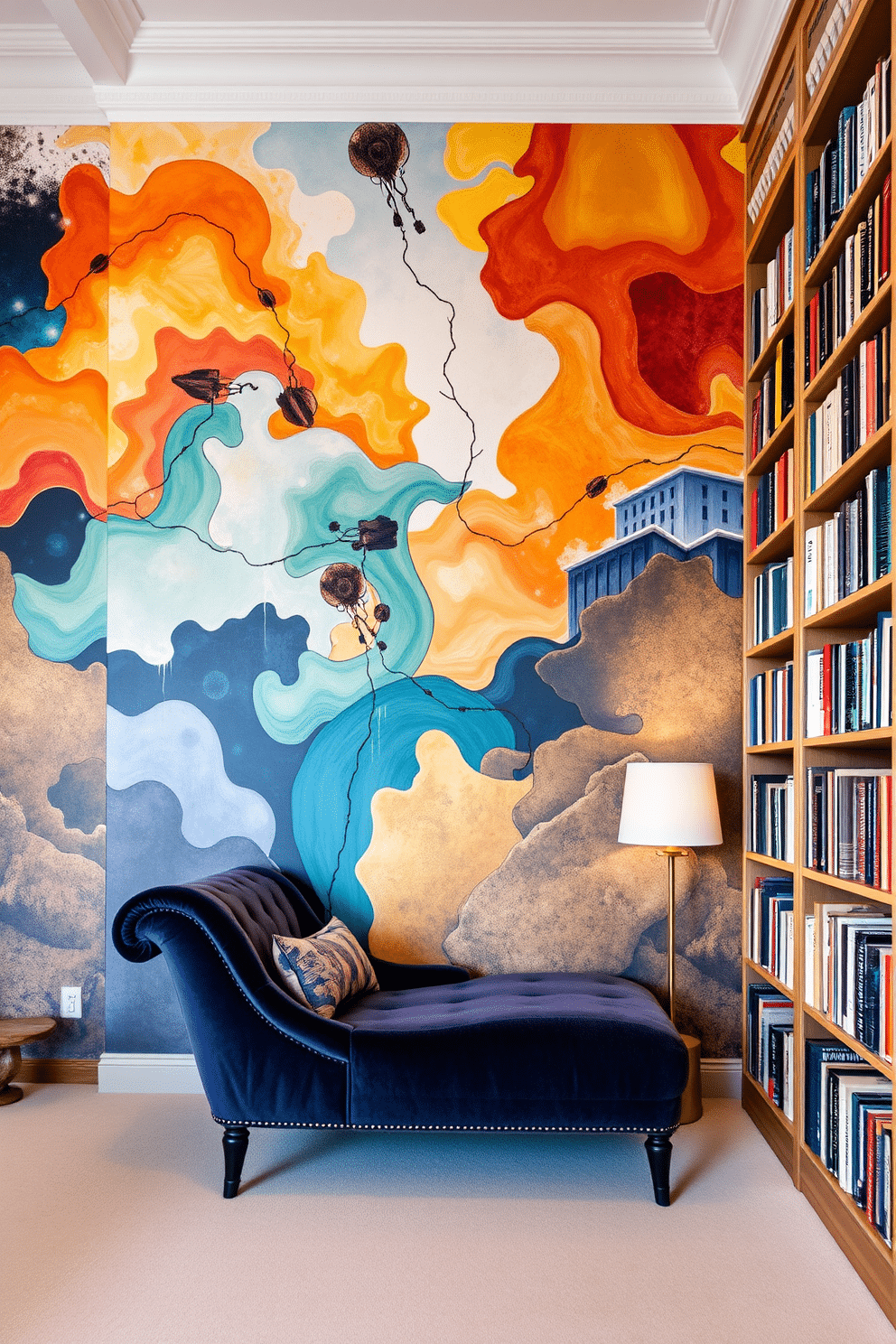 Artistic wall murals that evoke a sense of wonder and creativity. The murals feature vibrant colors and abstract designs, transforming the walls into a canvas that sparks imagination. A luxury home library designed for comfort and elegance. It includes floor-to-ceiling bookshelves filled with a curated collection of books, a plush reading nook with a velvet chaise lounge, and soft, ambient lighting that creates a cozy atmosphere.