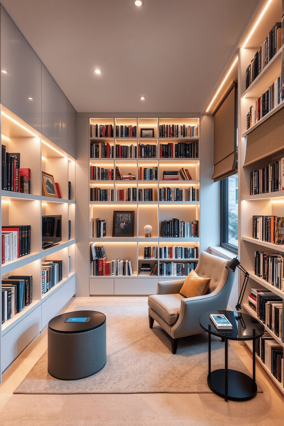 A luxury home library designed for smart reading spaces features sleek, built-in bookshelves that span from floor to ceiling, showcasing a curated collection of books and art pieces. Ambient lighting is integrated throughout, with adjustable LED strips illuminating the shelves and a cozy reading nook complete with a plush armchair and a side table equipped with wireless charging capabilities. The room is adorned with modern technology, including a hidden sound system and a smart thermostat that adjusts the temperature for optimal comfort. Large windows provide natural light, while automated blackout shades ensure a perfect reading environment at any time of day.