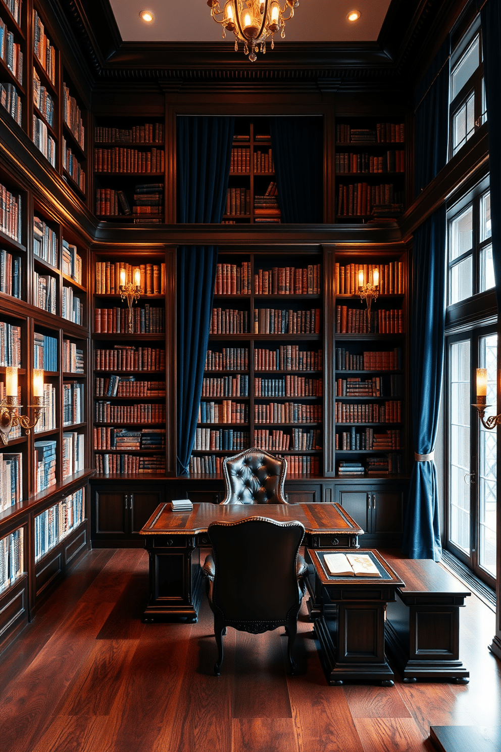 A luxurious home library featuring rich, dark wood bookshelves that stretch from floor to ceiling, filled with a curated collection of books. Plush velvet drapes in deep jewel tones frame the large windows, adding an air of sophistication and warmth to the space. In the center, a large, ornate wooden desk is paired with a comfortable leather chair, perfect for reading or studying. Soft, ambient lighting from elegant sconces illuminates the room, creating a cozy atmosphere ideal for relaxation and reflection.