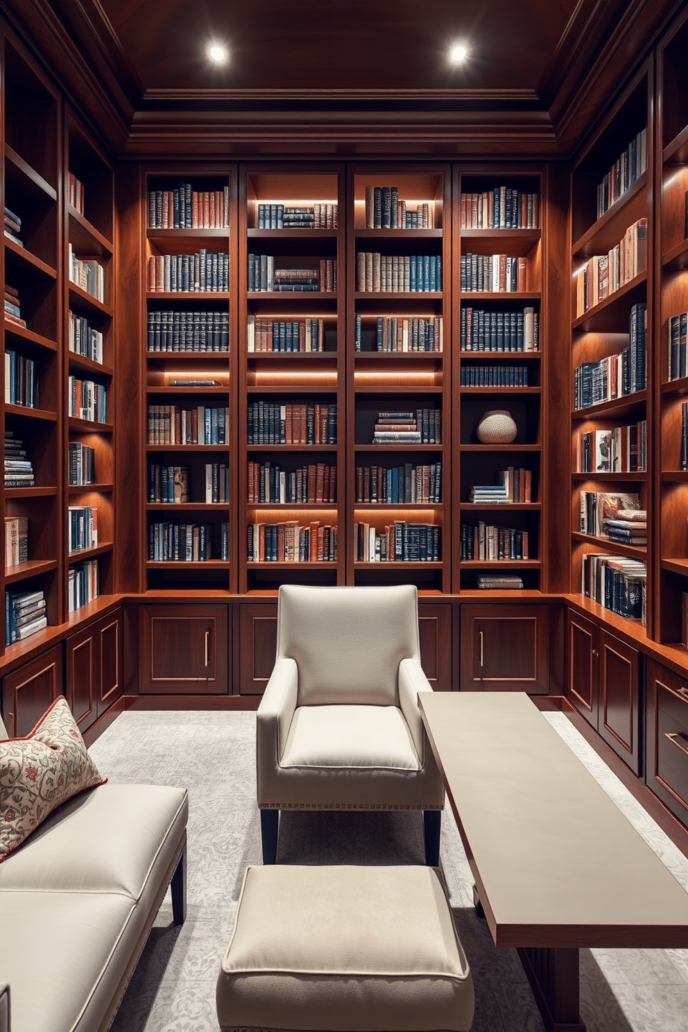 A luxury home library features custom-built shelving that seamlessly integrates hidden compartments for storing books and personal items. The rich wood tones of the cabinetry are complemented by plush seating areas, creating an inviting and sophisticated atmosphere. Incorporate clever storage solutions such as a hidden desk that folds away when not in use, maintaining a clean and uncluttered appearance. Soft, ambient lighting highlights the beauty of the space while ensuring functionality for reading and studying.