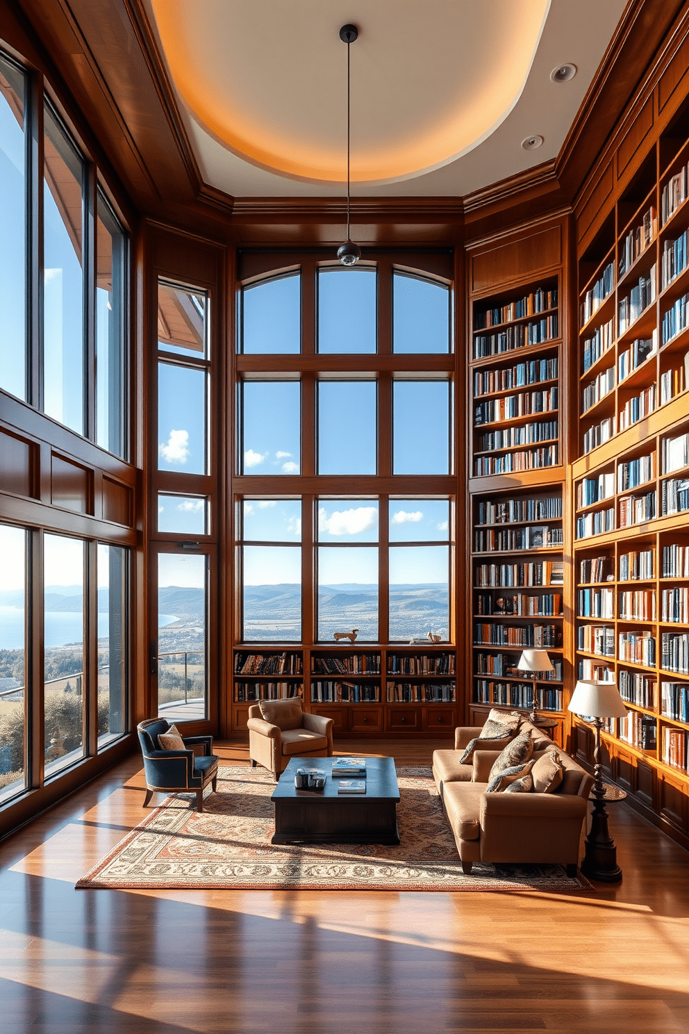 A luxury home library featuring large windows that flood the space with natural light, offering stunning views of the surrounding landscape. The room is adorned with rich wooden bookshelves filled with an extensive collection of books, complemented by plush seating areas for comfortable reading.