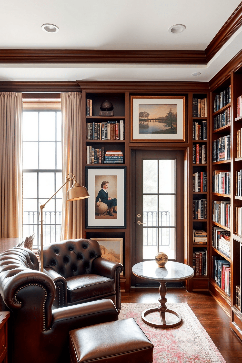 A luxury home library filled with personalized artwork that reflects your unique style. The walls are lined with custom bookshelves made of rich mahogany, showcasing a curated collection of books and art pieces. A plush reading nook features a deep, tufted leather armchair and a marble side table, illuminated by a vintage brass floor lamp. Large windows allow natural light to flood the space, adorned with elegant drapes that frame the view.