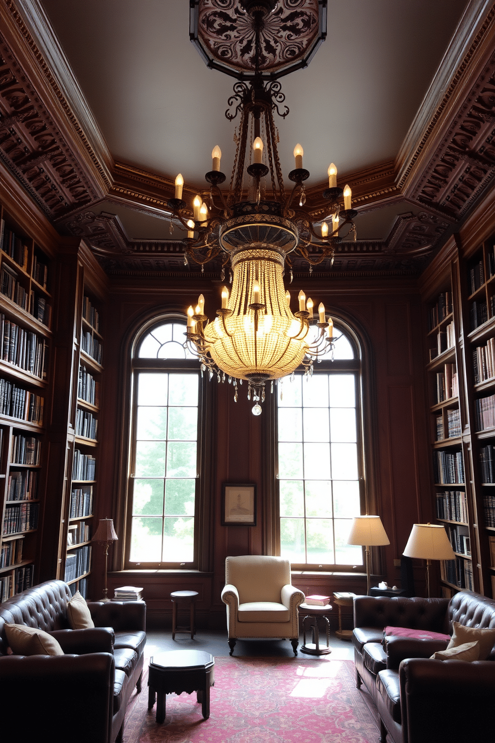 An elegant chandelier hangs majestically from the ceiling, casting a warm glow over the room. The library features rich mahogany bookshelves filled with an extensive collection of books, complemented by plush leather seating arranged for comfort and conversation. Large windows allow natural light to flood the space, highlighting the intricate details of the chandelier and the fine craftsmanship of the woodwork. A cozy reading nook with a soft armchair and a small side table invites relaxation, creating an inviting atmosphere for literary exploration.