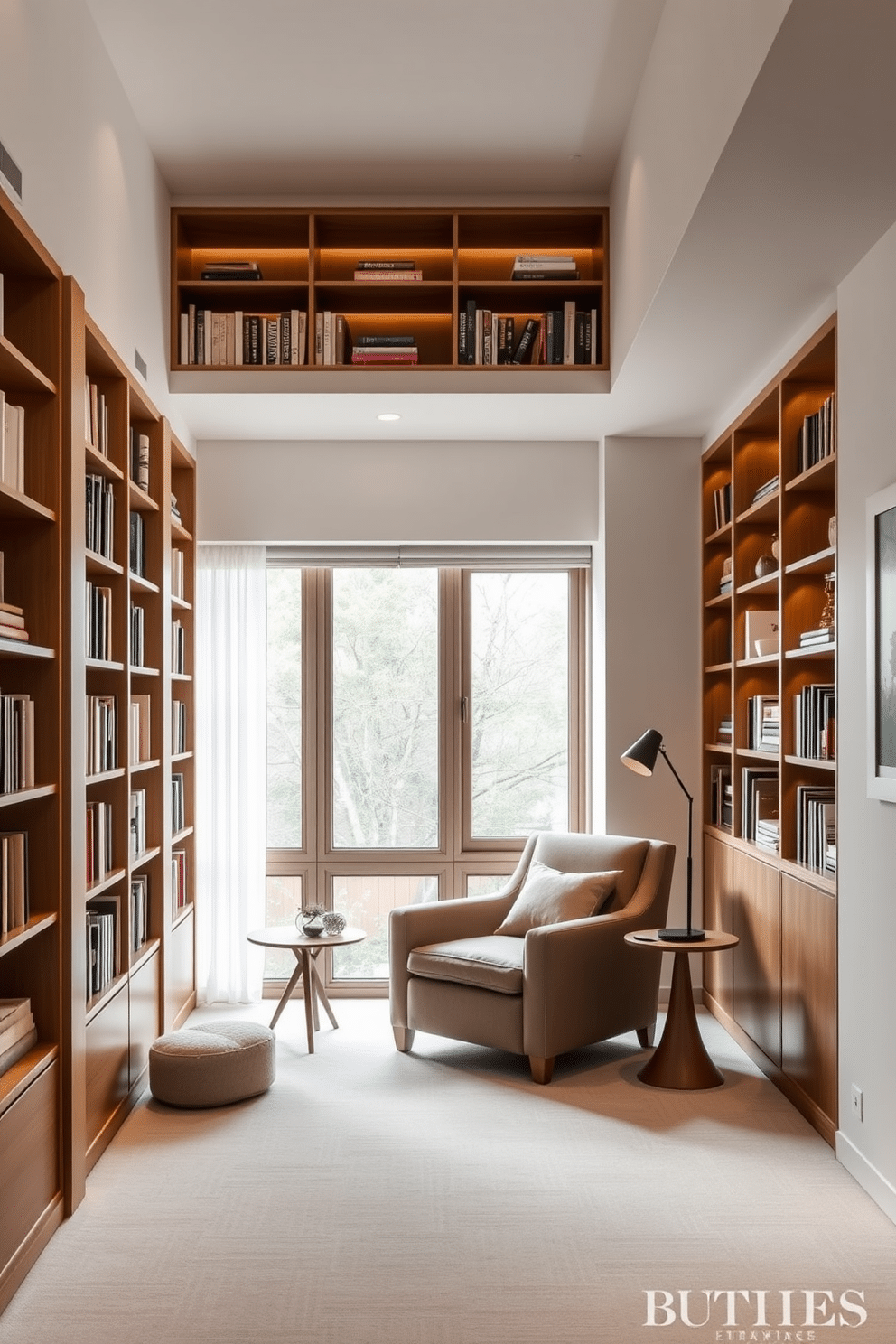 A modern minimalism home library featuring sleek, floor-to-ceiling shelving units that display a curated selection of books and decorative objects. The space is illuminated by soft, recessed lighting, creating a warm and inviting atmosphere while maintaining a clean, uncluttered aesthetic. Incorporate a comfortable reading nook with a plush armchair and a small side table, positioned near a large window that allows natural light to flood the room. The color palette consists of neutral tones, complemented by natural wood accents, ensuring a serene and sophisticated environment for reading and relaxation.