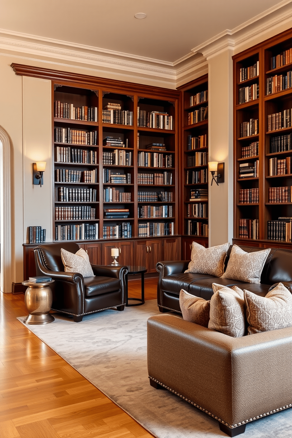 A luxurious home library features warm neutral tones that create a calming atmosphere. Rich wooden bookshelves line the walls, filled with an array of books, while a plush, oversized armchair invites you to sit and read. The soft beige walls are complemented by a deep brown leather sofa, adorned with cozy throw pillows. A large area rug in muted earth tones anchors the space, while warm lighting from stylish sconces adds to the inviting ambiance.