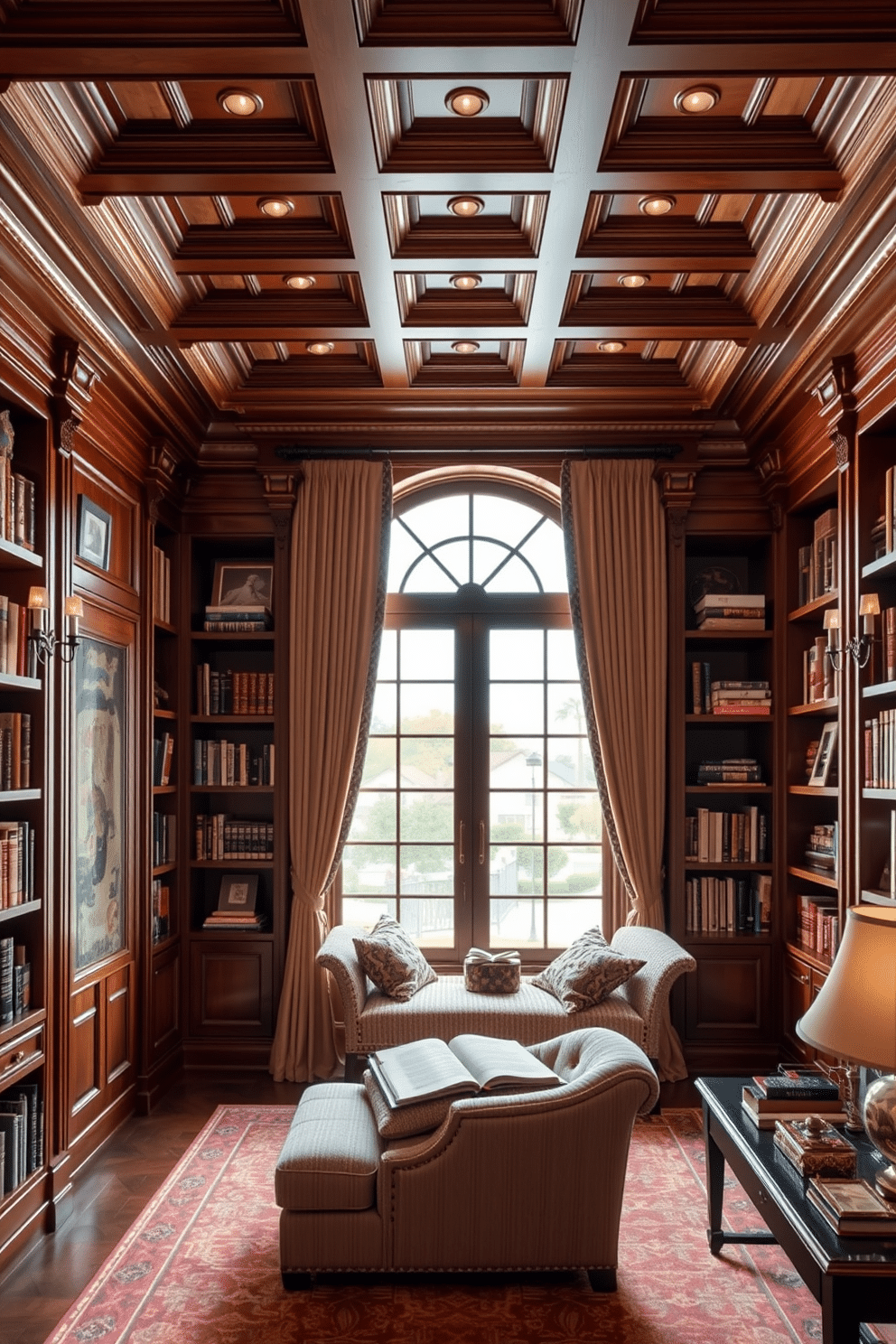 A luxury home library featuring unique architectural details that enhance visual interest. The space showcases a grand coffered ceiling, rich wood paneling, and built-in bookshelves filled with an eclectic collection of books and decorative objects. A plush reading nook is nestled by a large window, adorned with elegant drapes and a cozy chaise lounge. Soft, ambient lighting from ornate sconces creates a warm and inviting atmosphere, perfect for enjoying a good book.