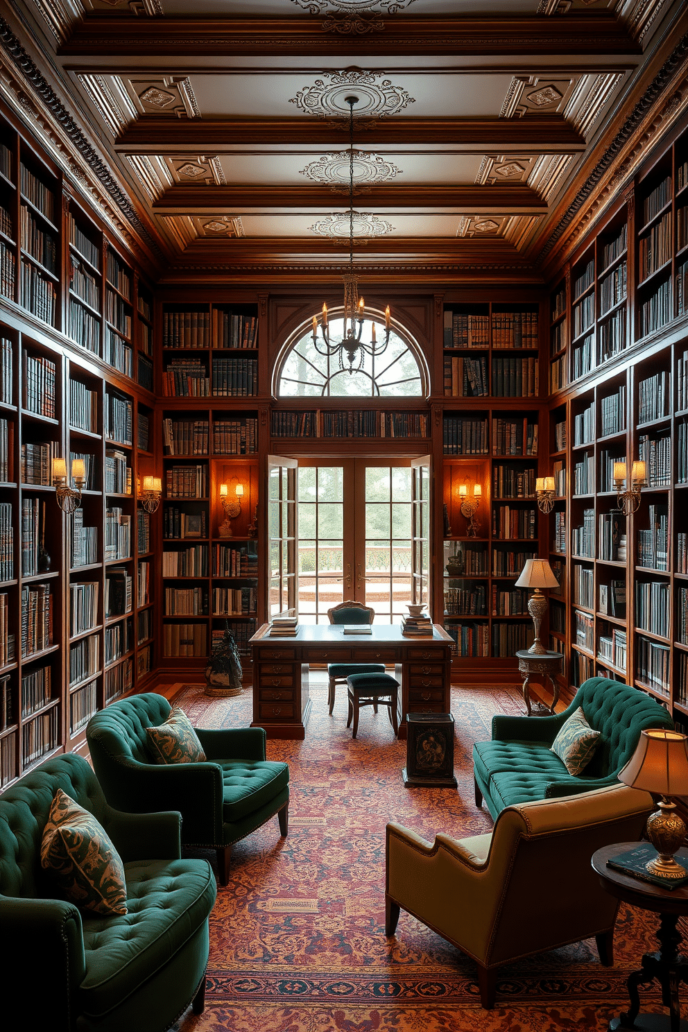 A luxurious home library featuring rich mahogany bookshelves that stretch from floor to ceiling, filled with an extensive collection of books. The room is adorned with plush, deep green velvet seating and a grand, antique wooden desk positioned in front of large French doors that open to a serene outdoor patio. Soft, ambient lighting from elegant sconces illuminates the space, highlighting the intricate crown molding and warm wood tones. A cozy reading nook with a stylish armchair and a side table sits beneath a large window, inviting relaxation and inspiration.