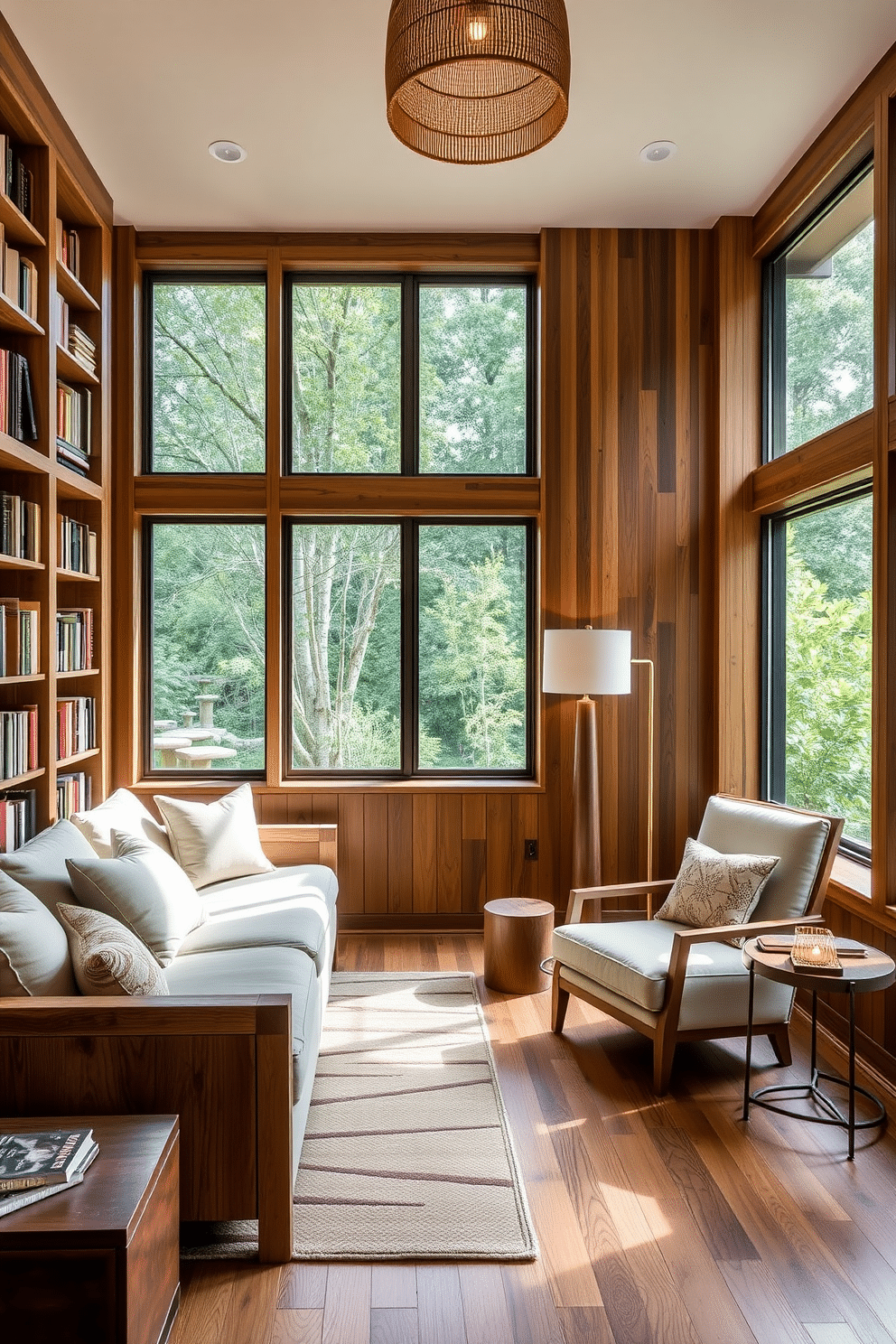 A luxury home library featuring sustainable materials such as reclaimed wood bookshelves and bamboo flooring. The space is adorned with plush seating upholstered in organic cotton, and large windows provide ample natural light while showcasing a view of the surrounding greenery. The library includes a stylish reading nook with a cozy armchair and a small side table made from recycled materials. Warm lighting fixtures made from natural fibers create an inviting atmosphere, enhancing the overall eco-friendly aesthetic.