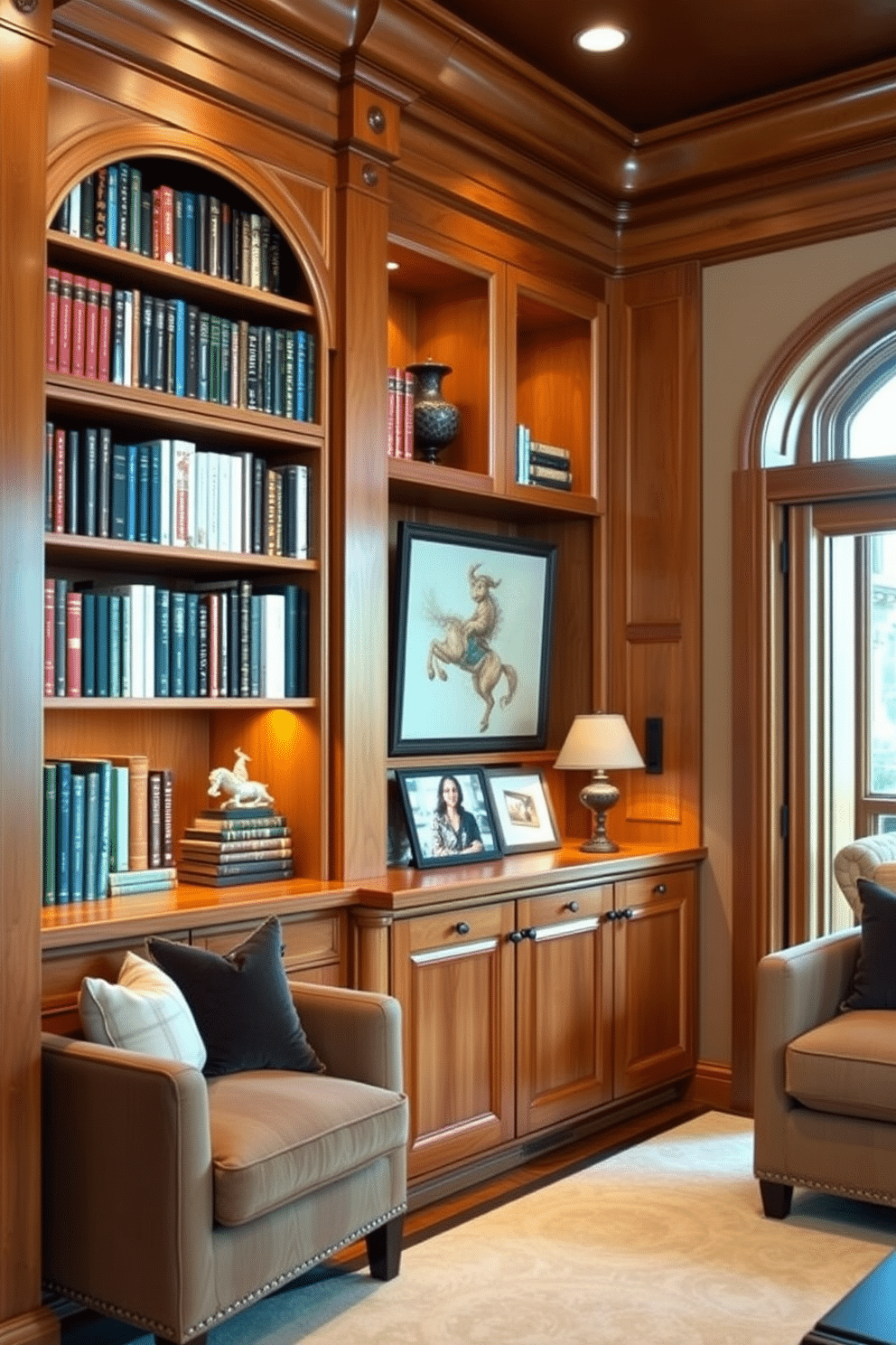 A luxurious home library features custom cabinetry that seamlessly integrates with the room's architecture, providing personalized storage solutions for books and decorative items. The warm wood tones of the cabinetry are complemented by plush seating areas, creating an inviting atmosphere for reading and relaxation.