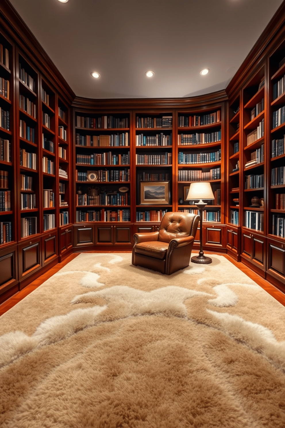 A cozy luxury home library features plush, soft area rugs that define the reading and lounging spaces. Rich wood bookshelves line the walls, filled with an extensive collection of books, while a comfortable leather armchair invites relaxation in a corner bathed in warm, ambient lighting.