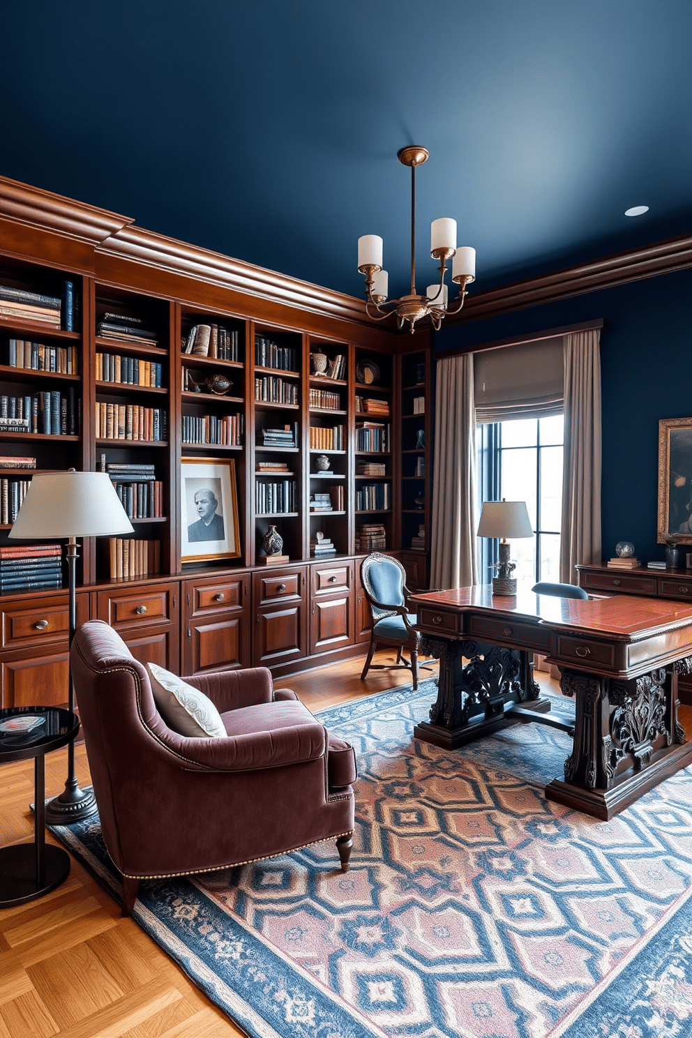 A luxury home library featuring bold accent walls in deep navy blue, creating a dramatic backdrop for the space. Rich mahogany bookshelves line the walls, filled with an array of books and decorative items, while a plush velvet armchair invites relaxation in the corner. The library includes a large, ornate wooden desk with intricate carvings, positioned near a window that allows natural light to flood the room. A stylish area rug with a geometric pattern anchors the seating area, complemented by modern lighting fixtures that add a touch of elegance.