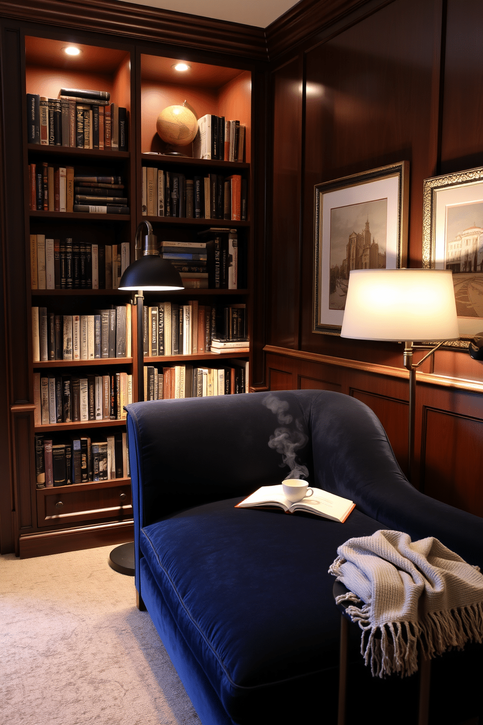 A quiet corner features a plush, oversized chaise lounge in a rich navy fabric, positioned beside a tall bookshelf filled with an array of books and decorative objects. Soft, ambient lighting from a stylish floor lamp casts a warm glow, creating an inviting atmosphere perfect for relaxation and reading. The walls are adorned with deep mahogany paneling, complemented by a vintage globe and framed artwork that adds character to the space. A small side table holds a steaming cup of tea and a cozy throw blanket, enhancing the luxurious and tranquil vibe of this home library nook.