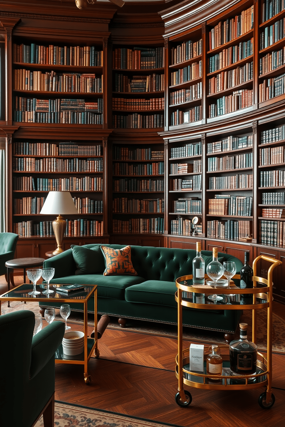 A luxurious home library featuring rich mahogany bookshelves that stretch from floor to ceiling, filled with an extensive collection of books. A plush, deep green velvet sofa is positioned in the center, complemented by a stylish brass bar cart stocked with fine spirits and elegant glassware for entertaining guests.