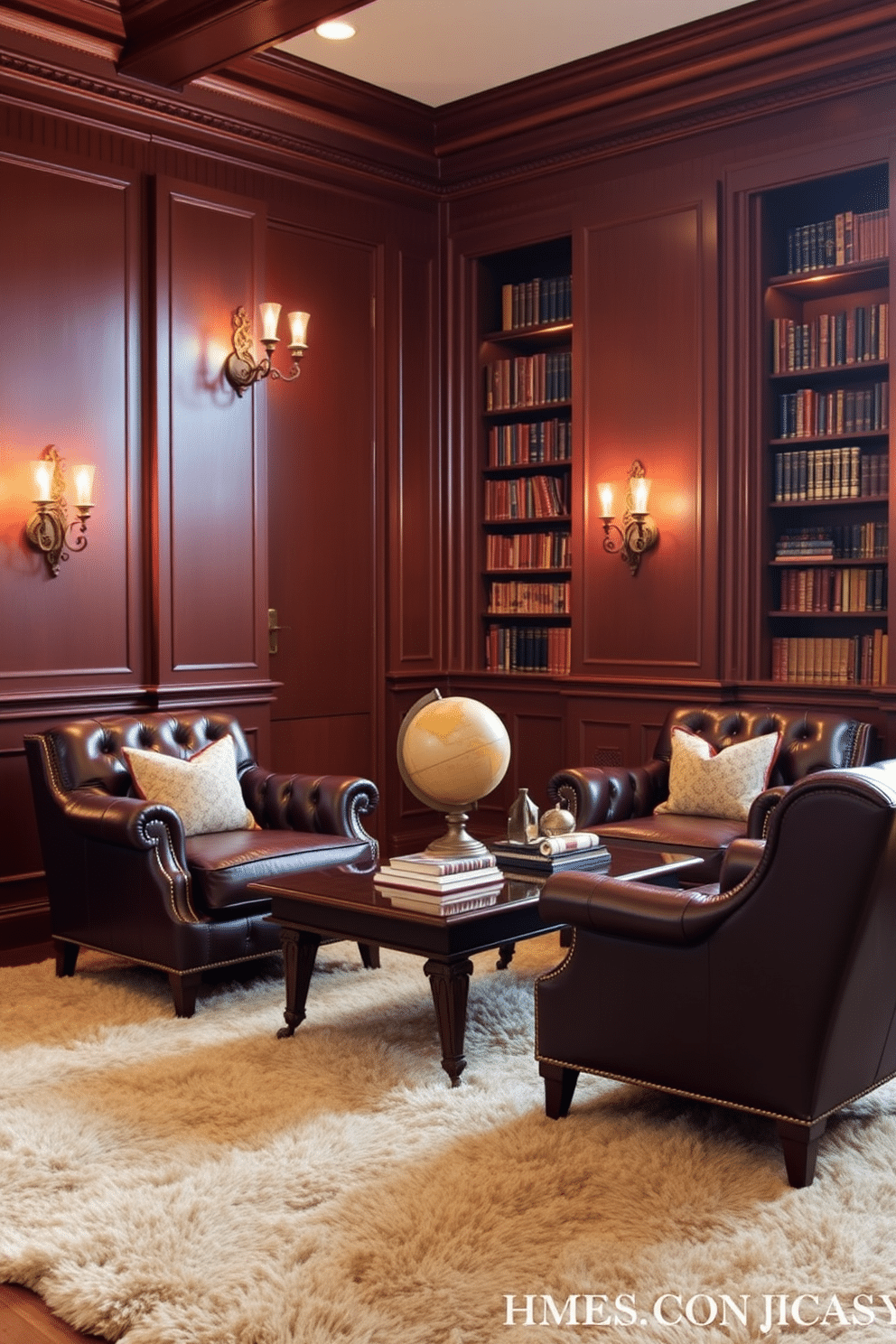 A luxurious home library features classic leather armchairs positioned around a polished wooden coffee table. Warm, ambient lighting emanates from ornate sconces on the walls, creating an inviting atmosphere for reading and relaxation. Bookshelves line the walls, filled with a curated collection of literature, while a plush area rug adds comfort underfoot. A vintage globe and decorative accents adorn the table, enhancing the sophisticated aesthetic of the space.