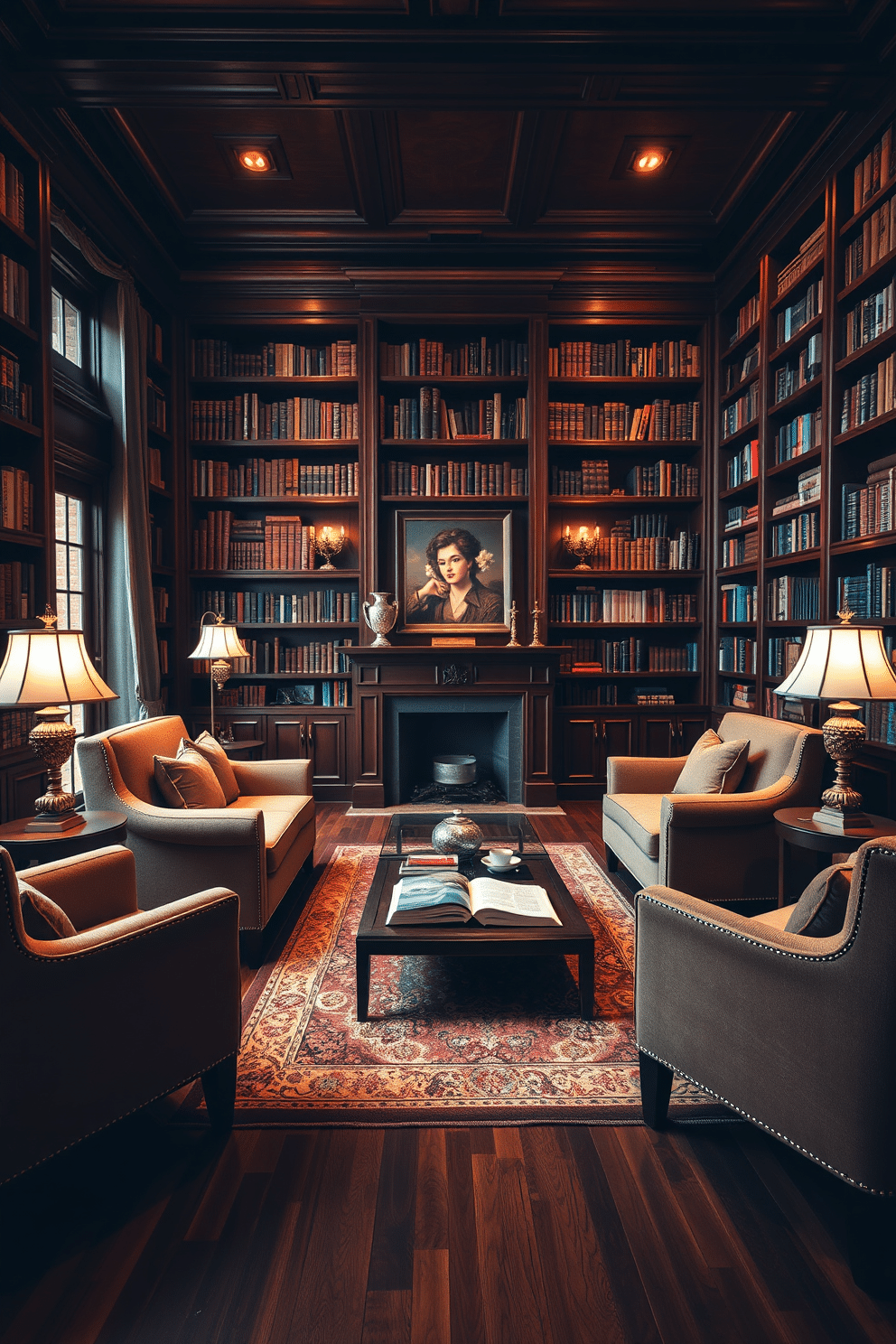 A cozy luxury home library featuring rich wooden bookshelves that stretch from floor to ceiling, filled with an extensive collection of books. Soft, ambient mood lighting is strategically placed to create a warm atmosphere, with elegant reading lamps positioned near plush armchairs upholstered in deep, inviting fabrics. In the center of the room, a large, ornate rug anchors the space, complementing the dark hardwood floors. A stylish coffee table holds a selection of art books and a steaming cup of tea, inviting relaxation and contemplation.