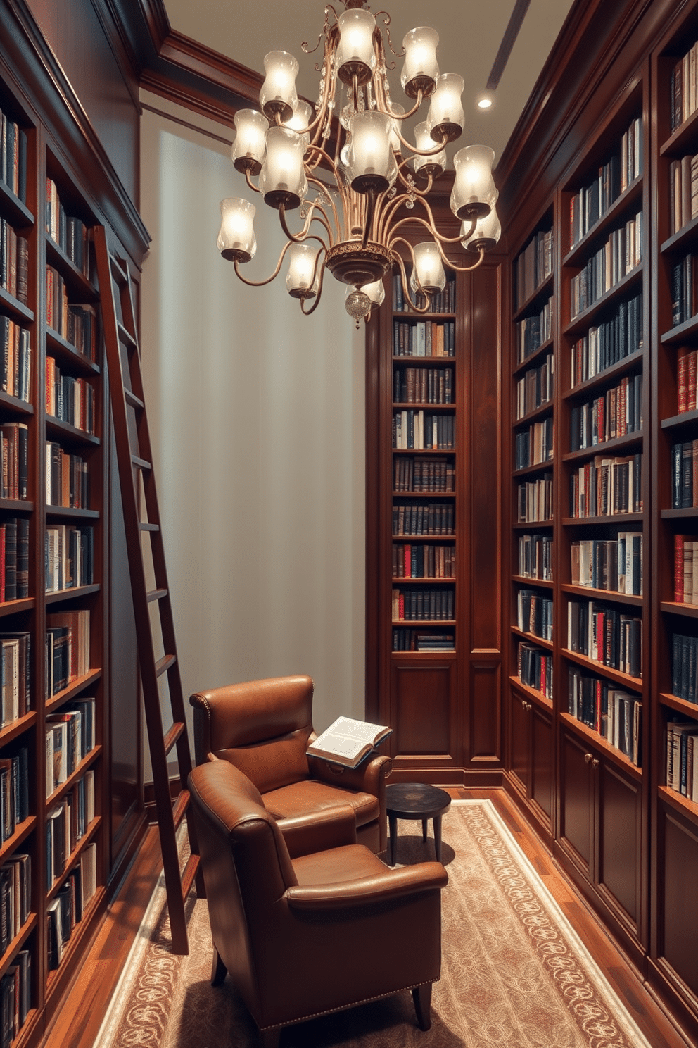 A luxurious home library features floor-to-ceiling bookshelves crafted from rich mahogany, showcasing a diverse collection of books. A sleek rolling ladder glides effortlessly along the shelves, providing access to the highest volumes while adding an elegant touch to the space. The room is illuminated by warm, ambient lighting from a stunning chandelier that hangs gracefully above a plush reading nook. A comfortable leather armchair is positioned next to a small side table, inviting readers to relax with their favorite book in this sophisticated setting.