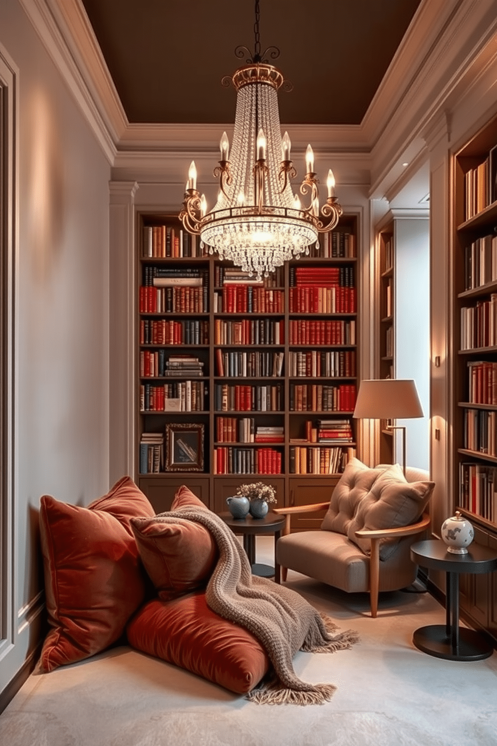 Inviting reading nook with oversized cushions. Soft, warm lighting casts a cozy glow over the space, enhancing the rich textures of the plush cushions and a luxurious throw blanket draped over a stylish armchair. Luxury home library design ideas. Floor-to-ceiling bookshelves lined with an extensive collection of books create an elegant backdrop, while a stunning chandelier adds a touch of sophistication to the inviting atmosphere.