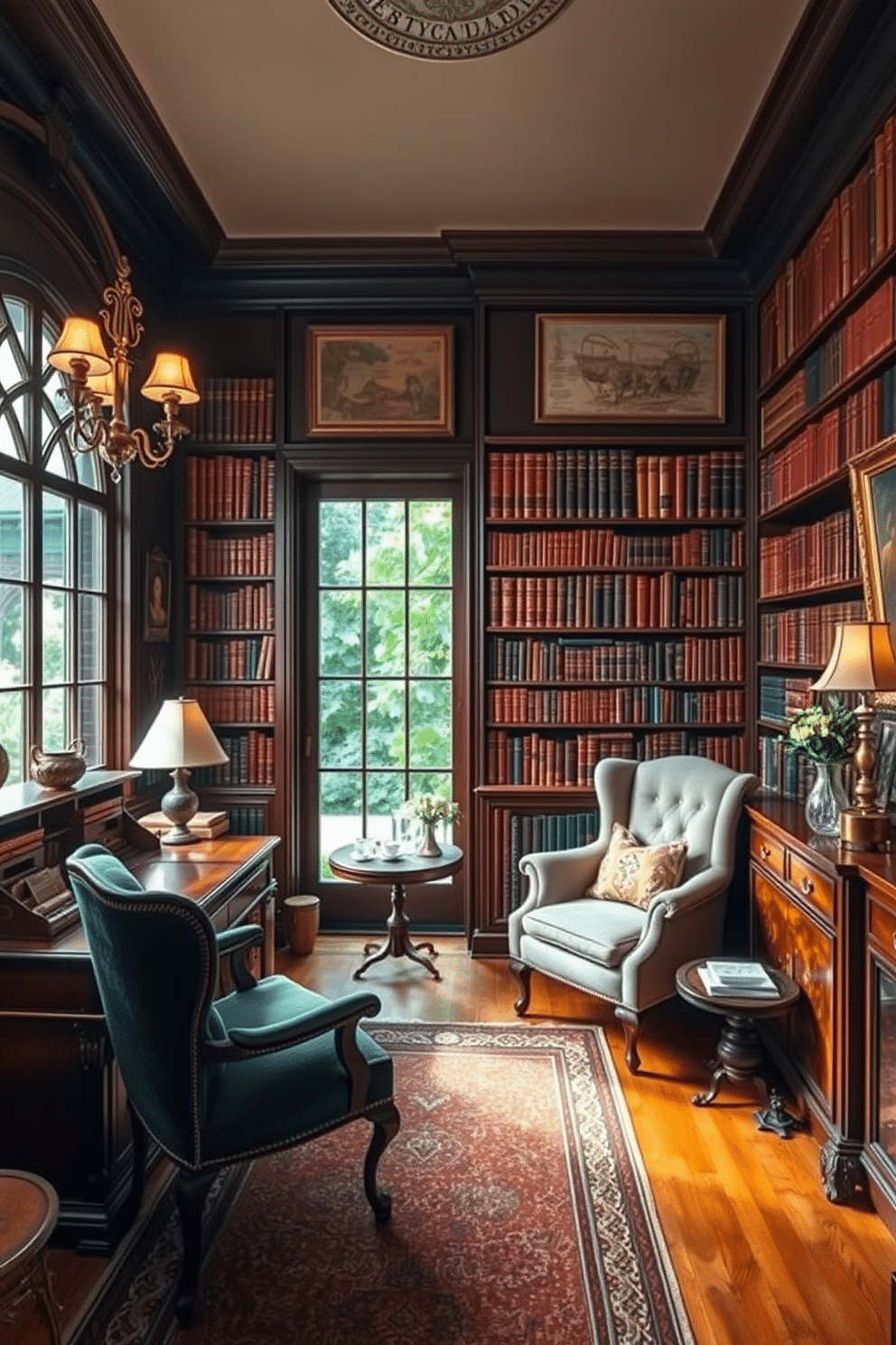 A vintage home library filled with antique bookshelves showcasing a vast collection of leather-bound volumes. The room features a rich mahogany desk, a plush velvet armchair, and ornate lighting fixtures that cast a warm glow over the space. The walls are adorned with framed vintage maps and classical artwork, creating an inviting atmosphere. A cozy reading nook by a large window offers a view of a lush garden, complete with a patterned area rug and a small side table for tea.