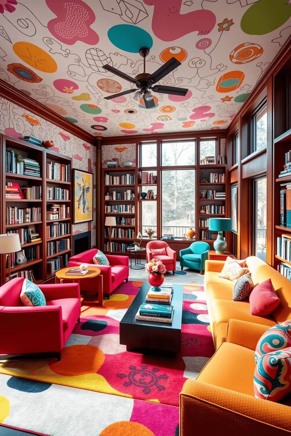 A vibrant luxury home library filled with bright colors and playful patterns. The walls are adorned with whimsical wallpaper featuring abstract designs, while plush seating in bold hues invites relaxation and reading. A large, multicolored area rug anchors the space, complementing the eclectic mix of bookshelves and decorative accents. Floor-to-ceiling windows allow natural light to flood the room, highlighting the colorful art pieces and cozy reading nooks.