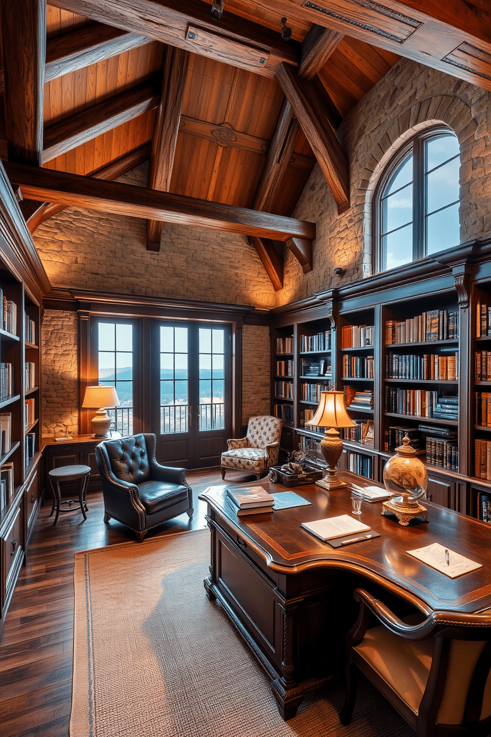 A luxurious home library features rustic wooden beams stretching across the ceiling, complemented by stone accents on the walls. Rich, dark wood bookshelves line the space, filled with an extensive collection of books, while a plush leather armchair invites relaxation in the corner. A large, ornate wooden desk sits in the center, adorned with elegant stationery and a vintage lamp. Soft, warm lighting creates an inviting atmosphere, highlighting a cozy reading nook with a woven rug and a large window overlooking a serene landscape.